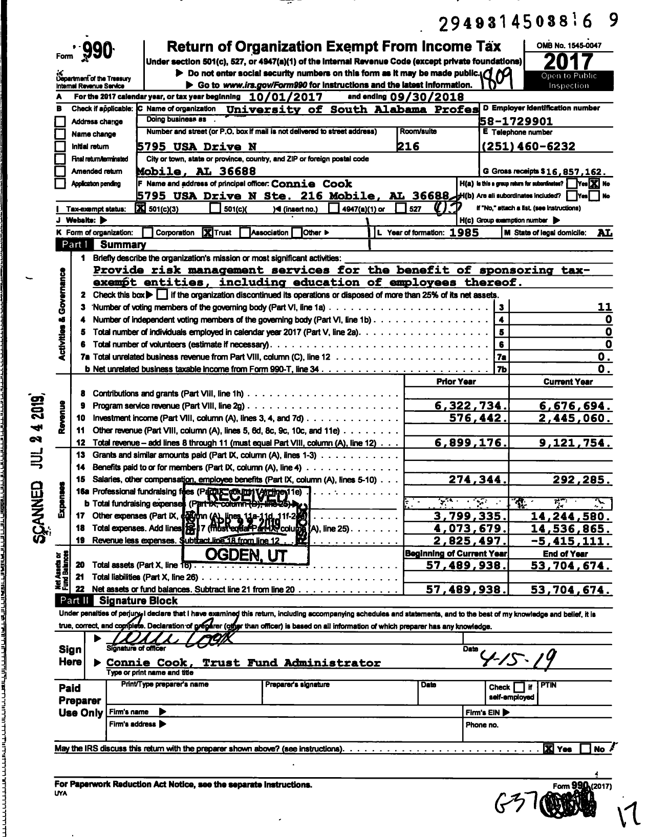 Image of first page of 2017 Form 990 for University of South Alabama Professional Liability Trust Fund