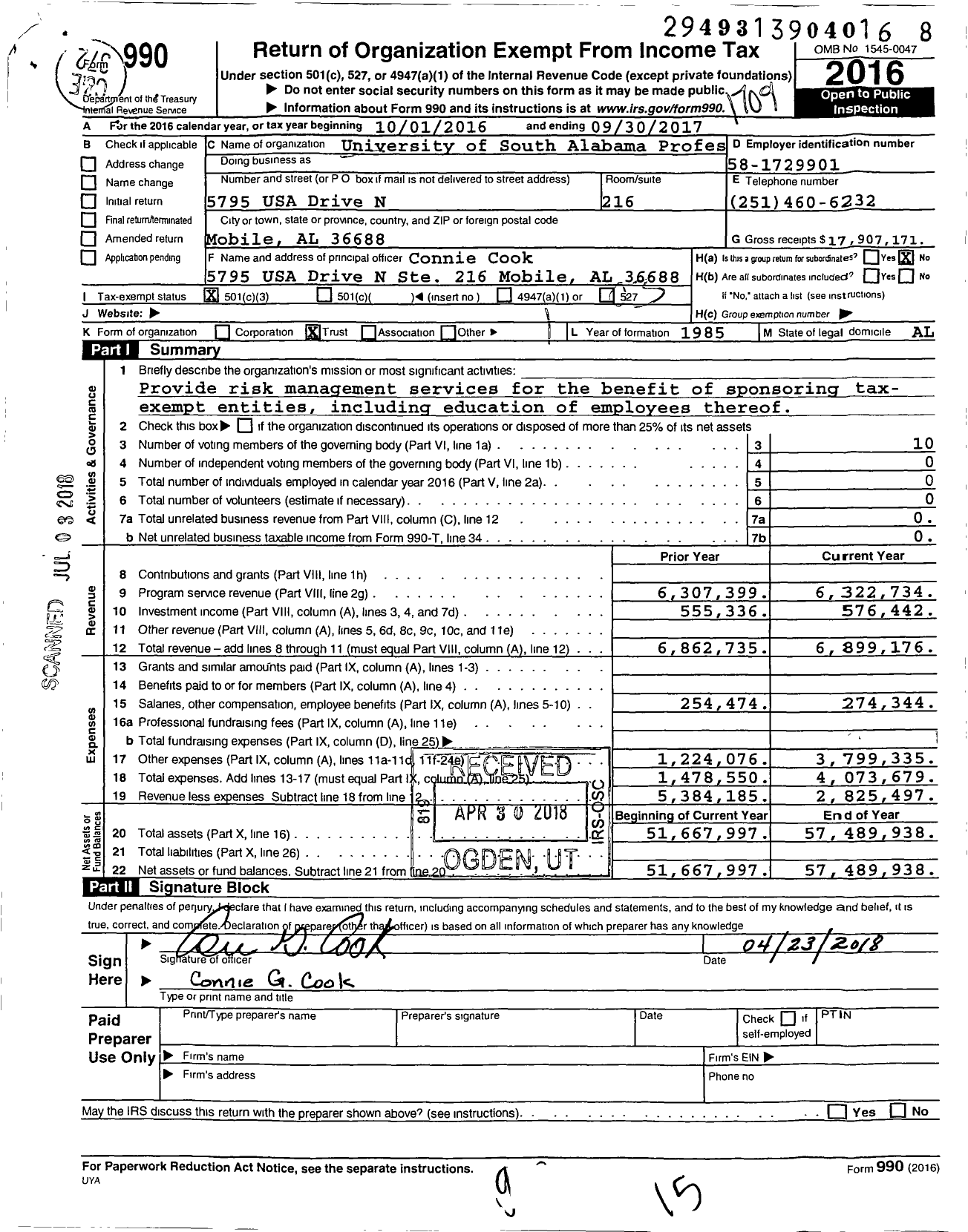 Image of first page of 2016 Form 990 for University of South Alabama Professional Liability Trust Fund