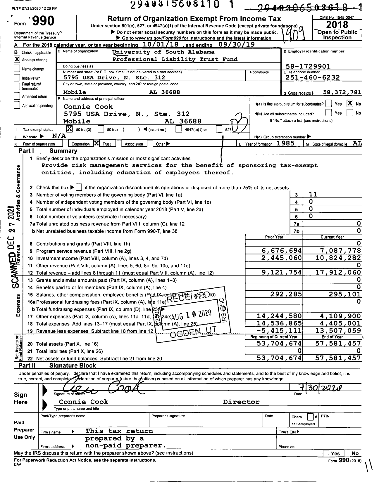 Image of first page of 2018 Form 990 for University of South Alabama Professional Liability Trust Fund