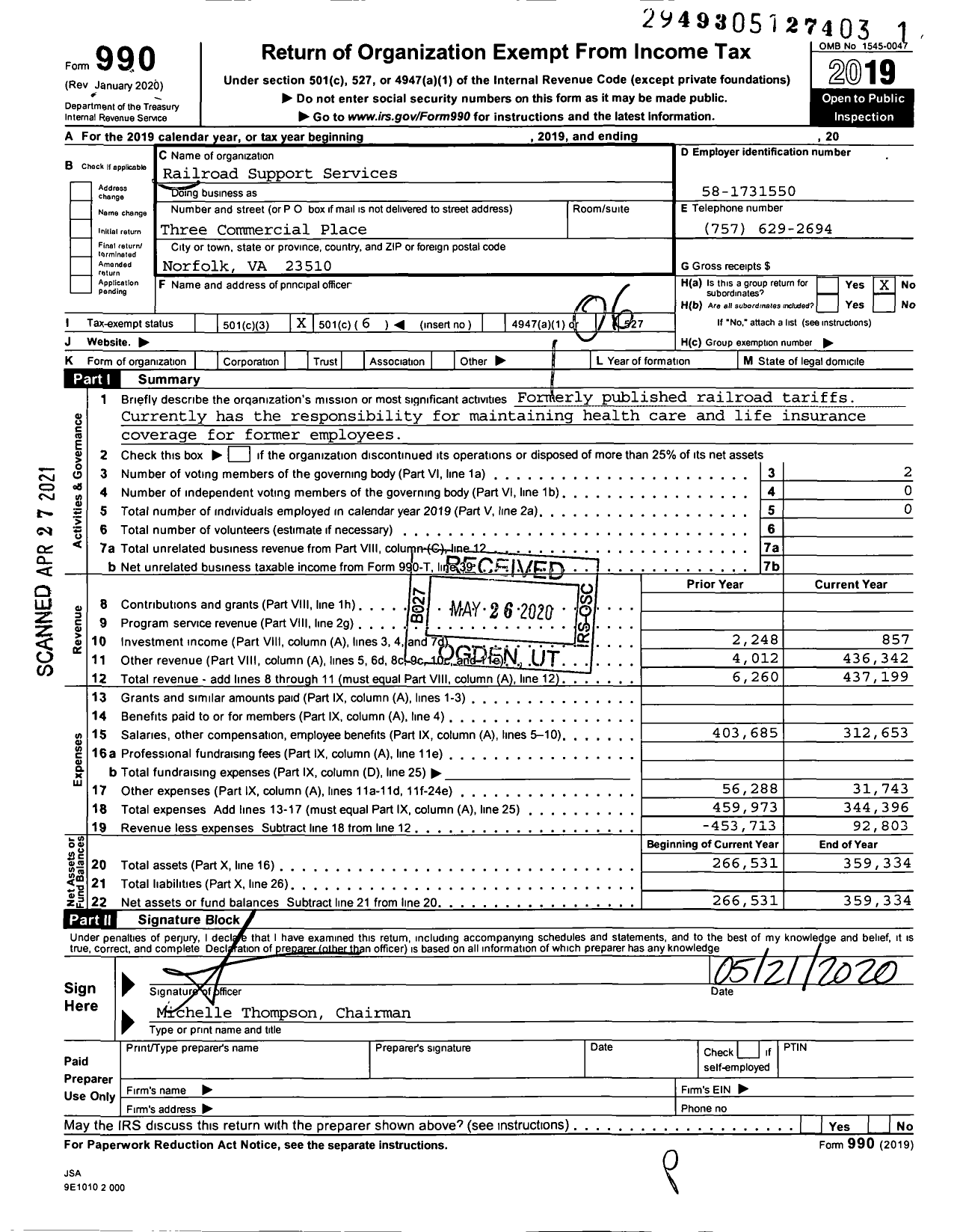 Image of first page of 2019 Form 990O for Railroad Support Services