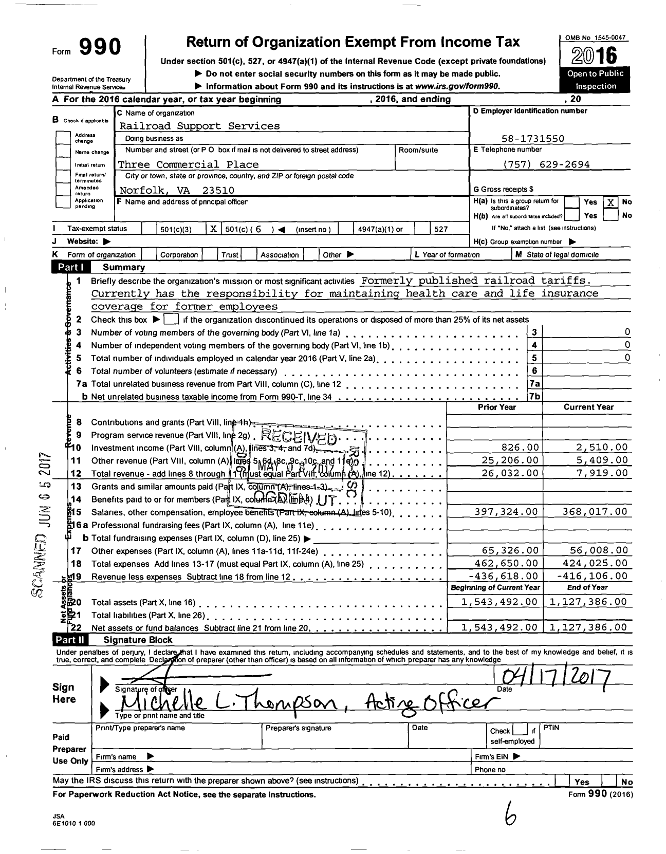 Image of first page of 2016 Form 990O for Railroad Support Services
