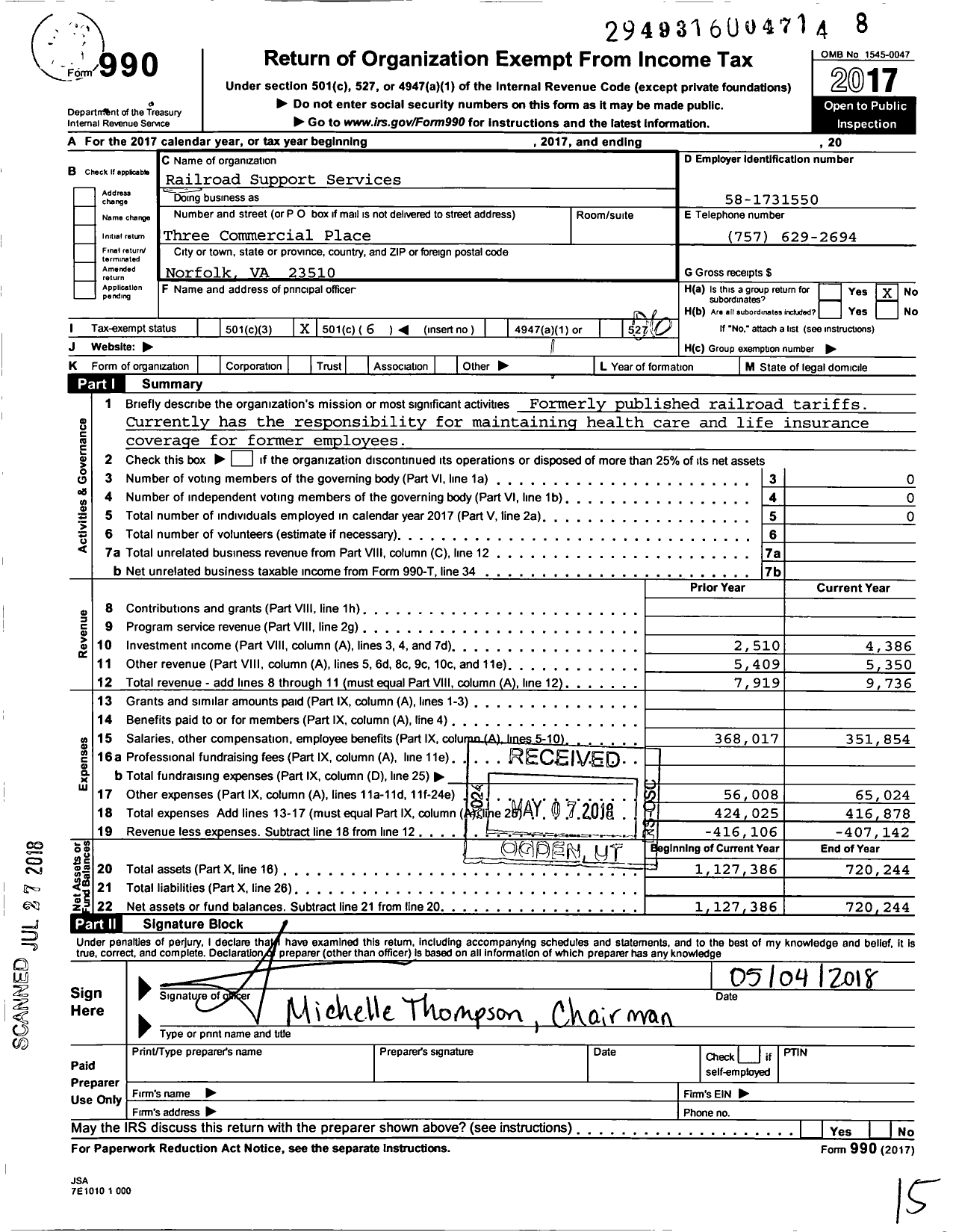 Image of first page of 2017 Form 990O for Railroad Support Services