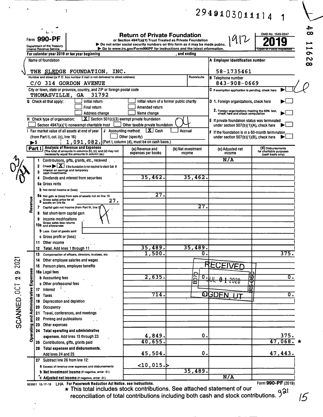 Image of first page of 2019 Form 990PF for The Sledge Foundation