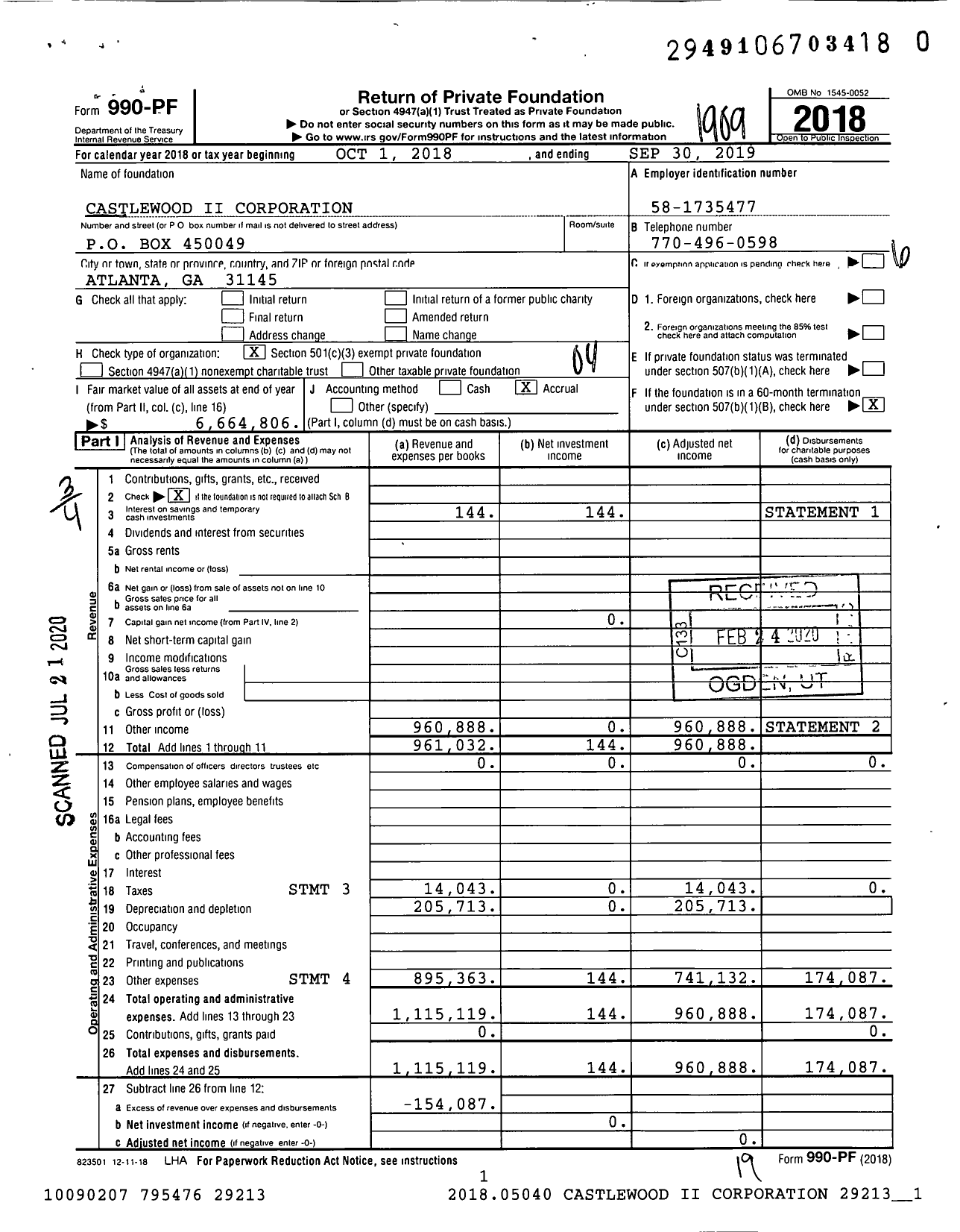 Image of first page of 2018 Form 990PR for Castlewood Ii Corporation