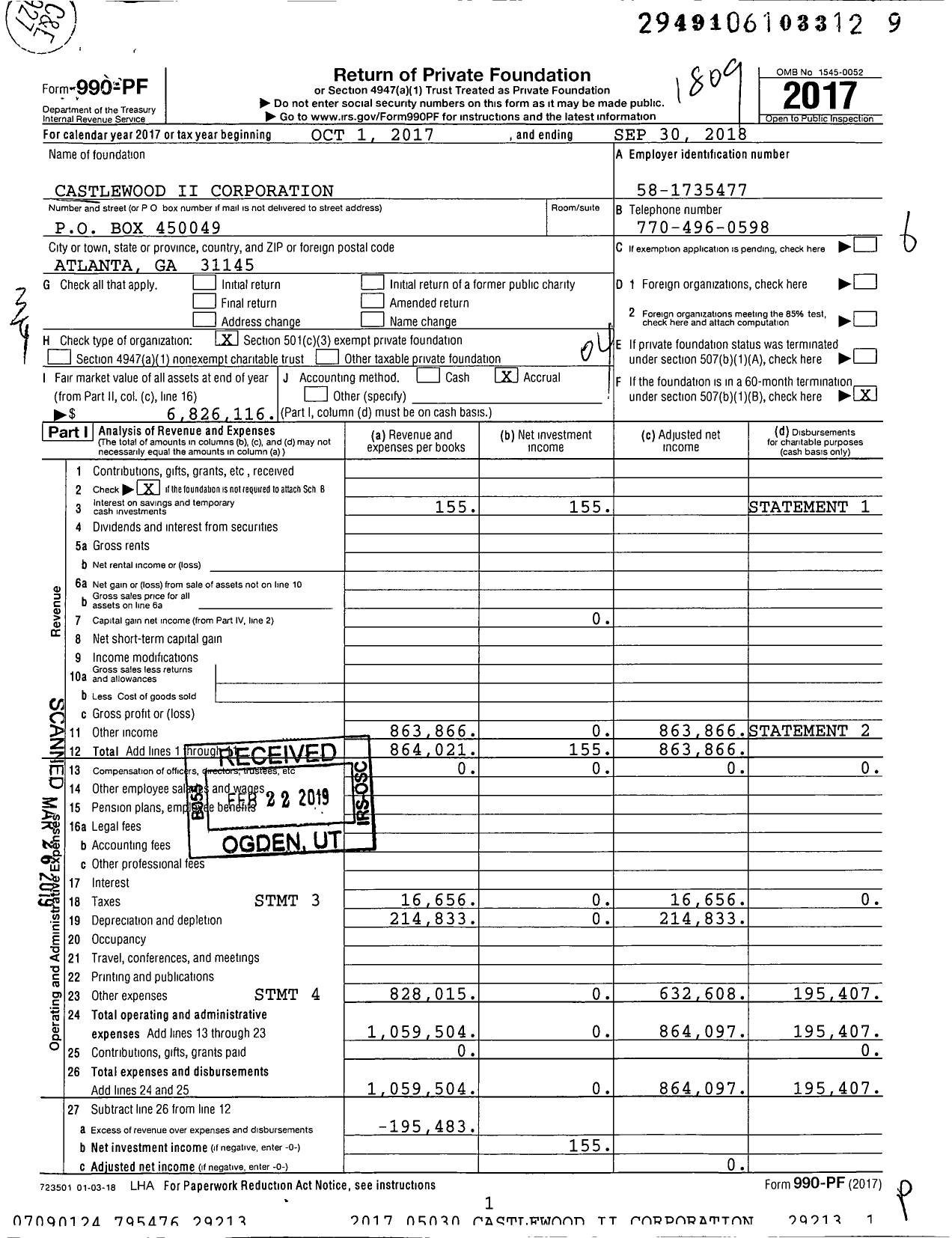 Image of first page of 2017 Form 990PF for Castlewood Ii Corporation