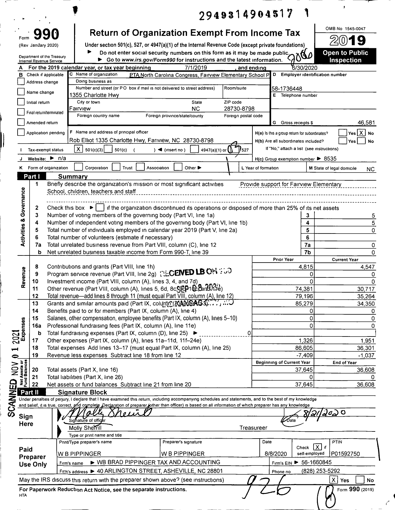 Image of first page of 2019 Form 990 for North Carolina PTA - Fairview Elementary School PTA