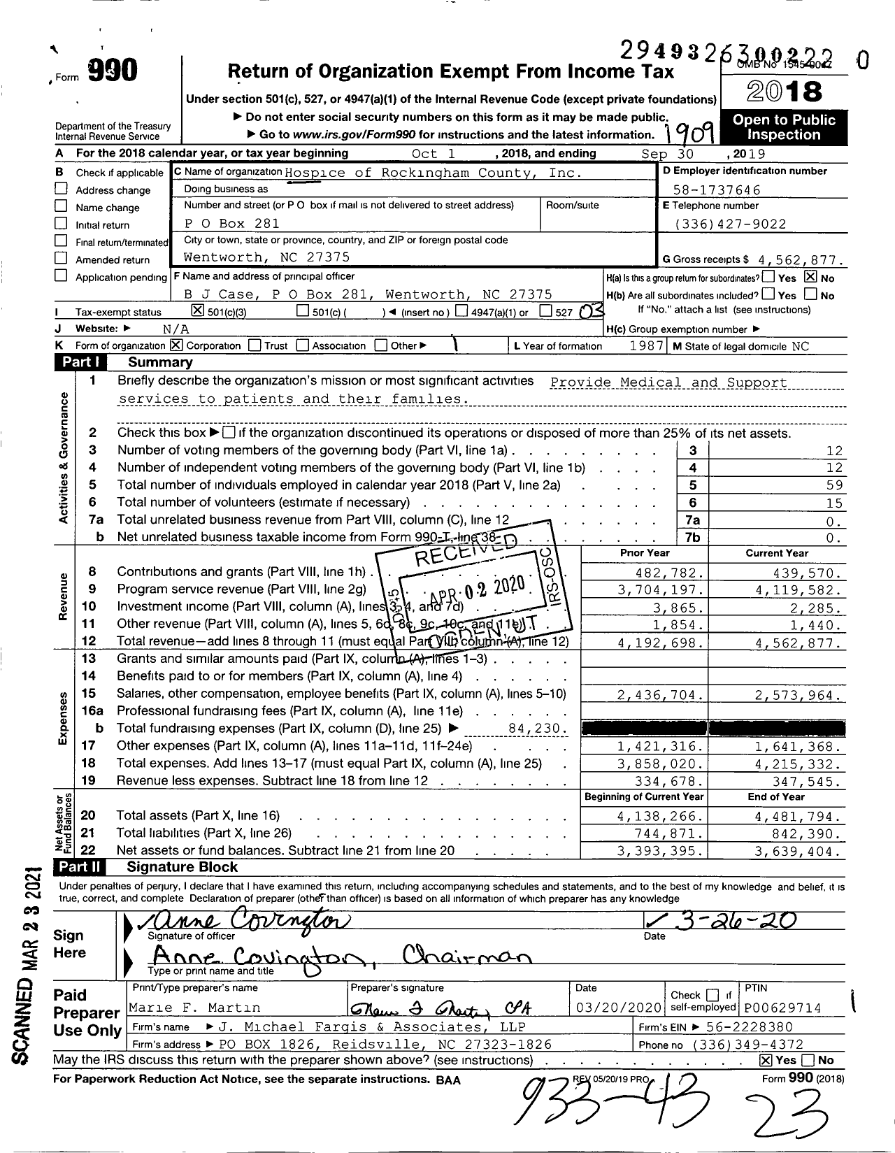 Image of first page of 2018 Form 990 for Hospice of Rockingham County (HRC)