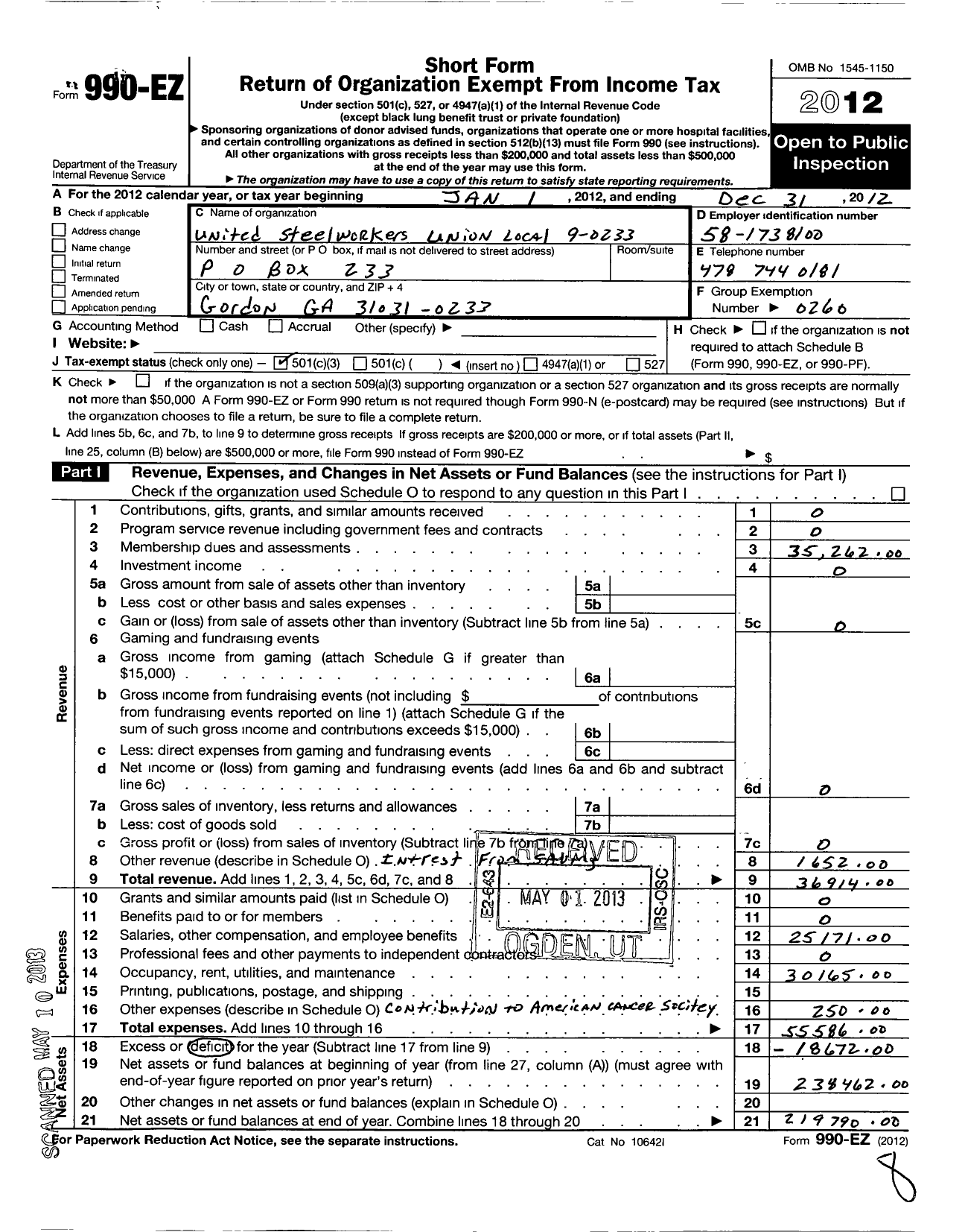 Image of first page of 2012 Form 990EZ for United Steelworkers - 9-0233 Local