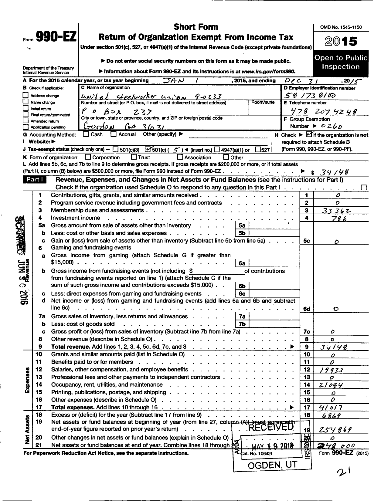 Image of first page of 2015 Form 990EO for United Steelworkers - 9-0233 Local