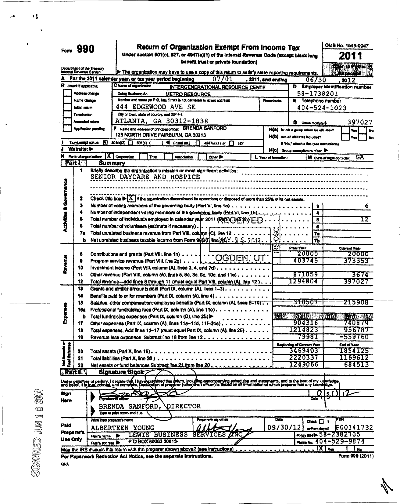 Image of first page of 2011 Form 990 for Intergenerational Resource Center