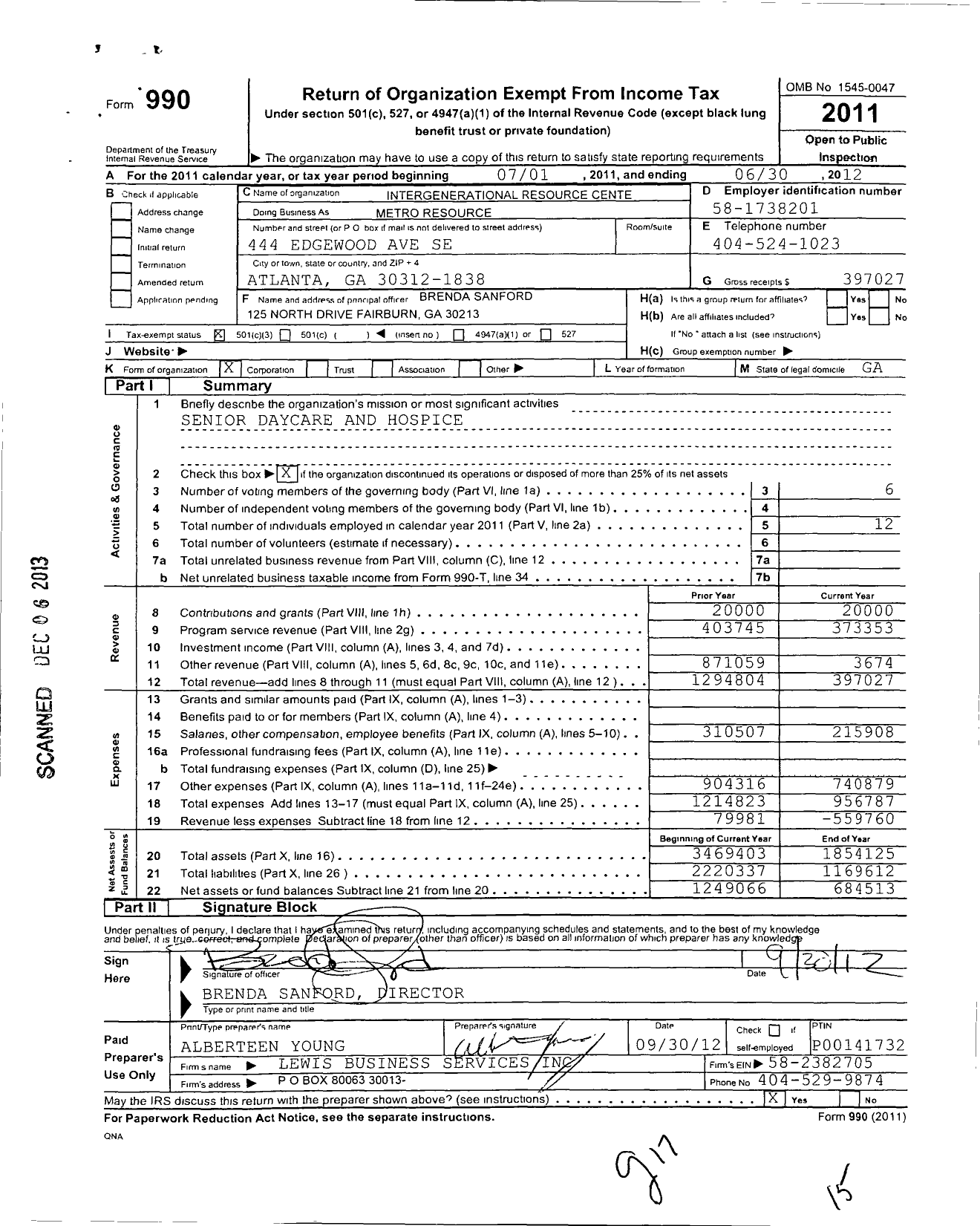 Image of first page of 2011 Form 990 for Intergenerational Resource Center