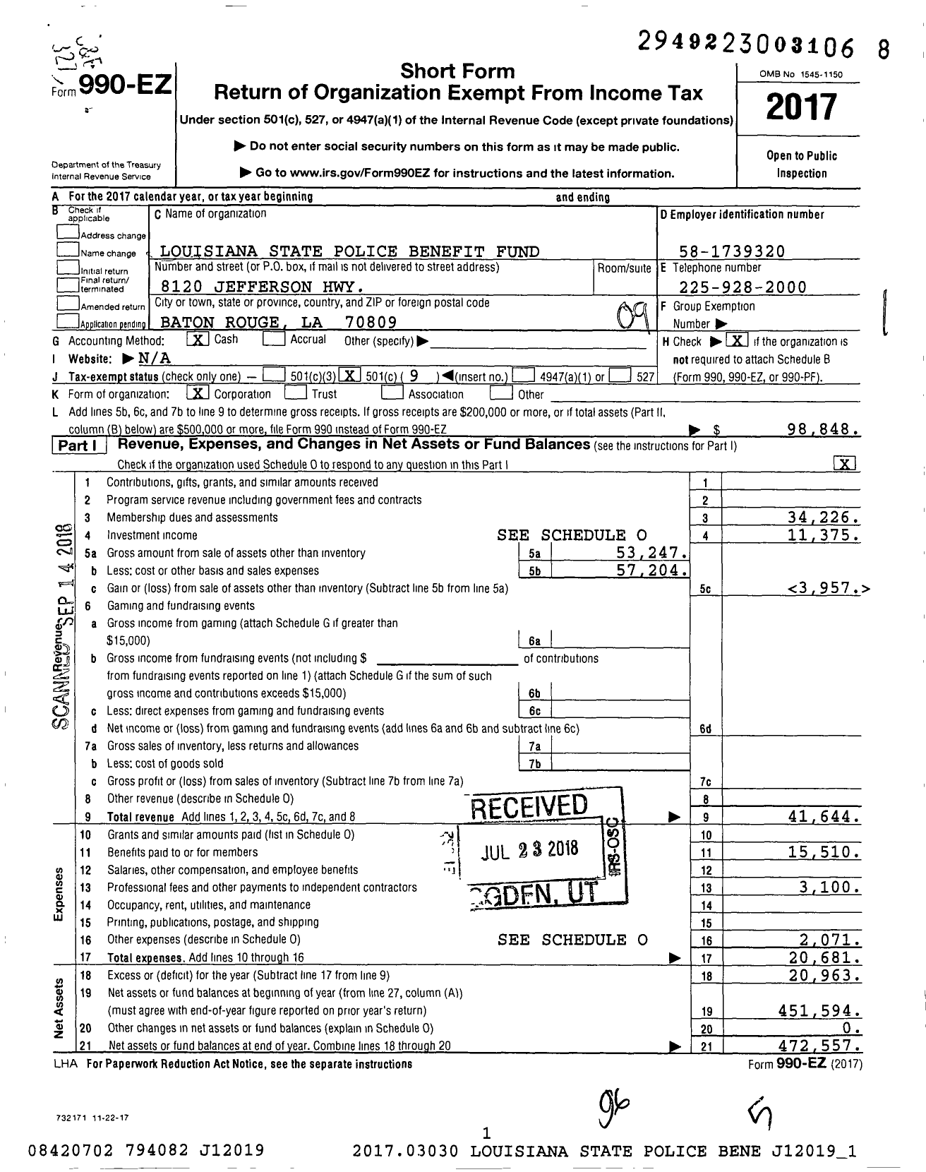 Image of first page of 2017 Form 990EO for Louisiana State Police Benefit Fund