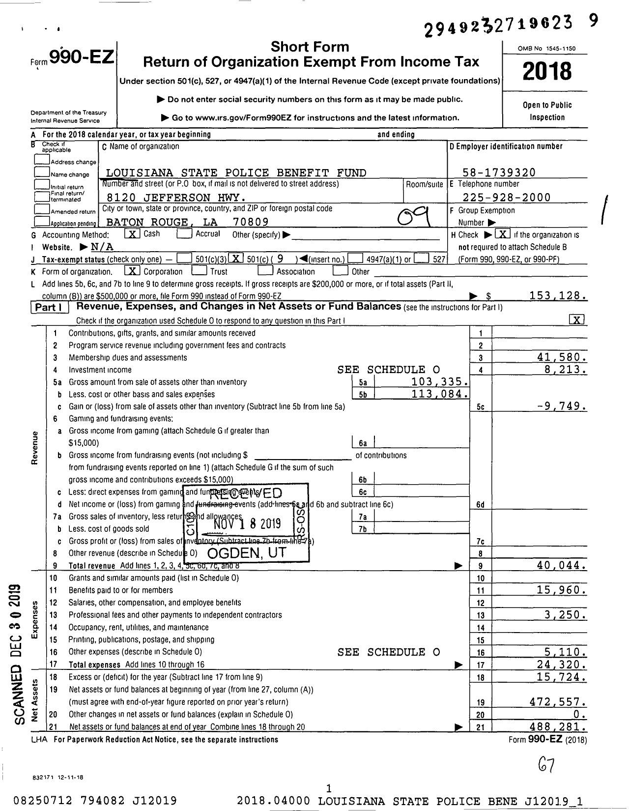 Image of first page of 2018 Form 990EO for Louisiana State Police Benefit Fund