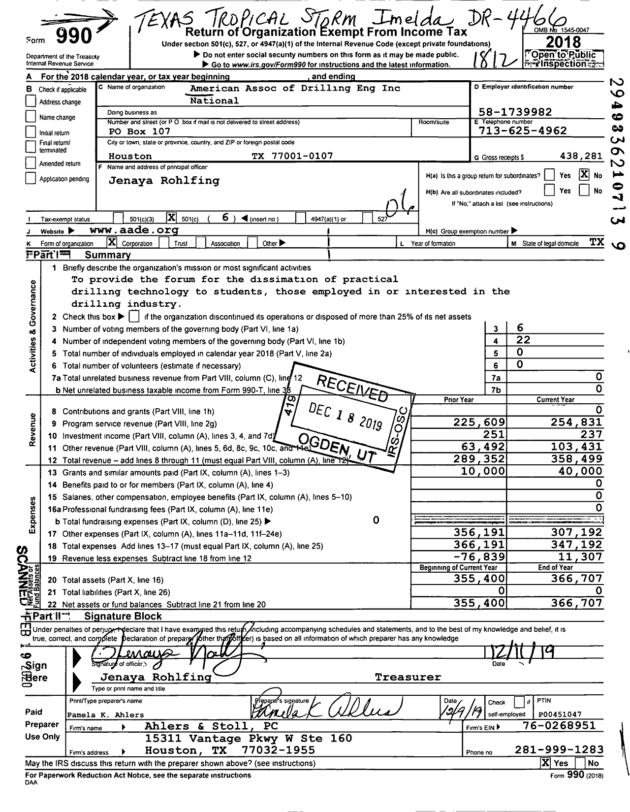 Image of first page of 2018 Form 990O for American Association of Drilling Eng National