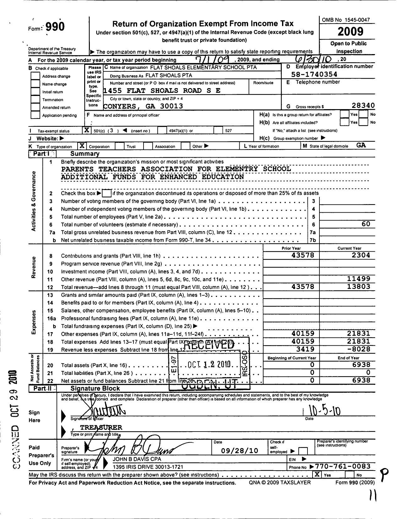 Image of first page of 2009 Form 990 for Georgia PTA - Flat Shoals PTA
