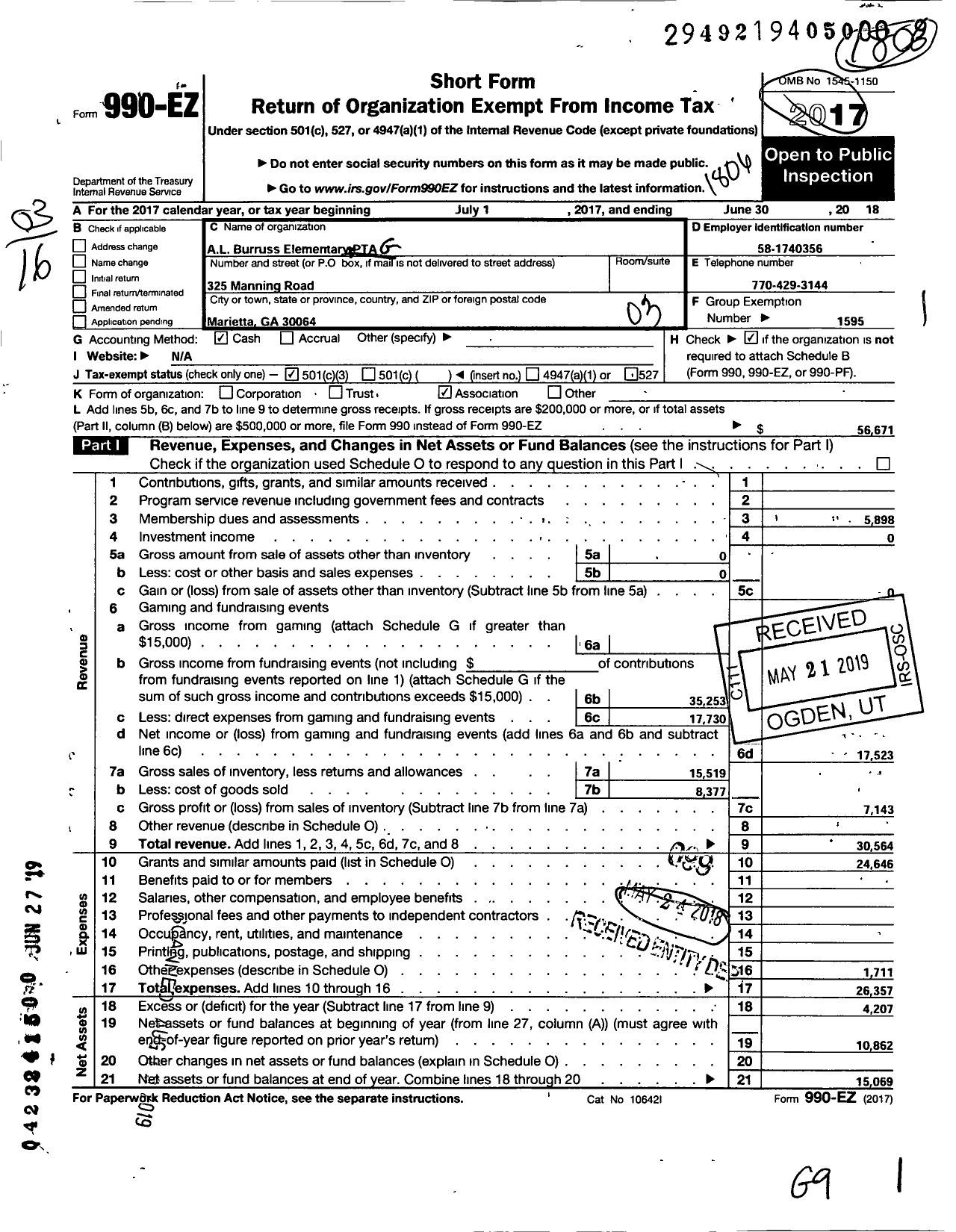 Image of first page of 2017 Form 990EZ for Georgia PTA - A L Burruss Elem PTA