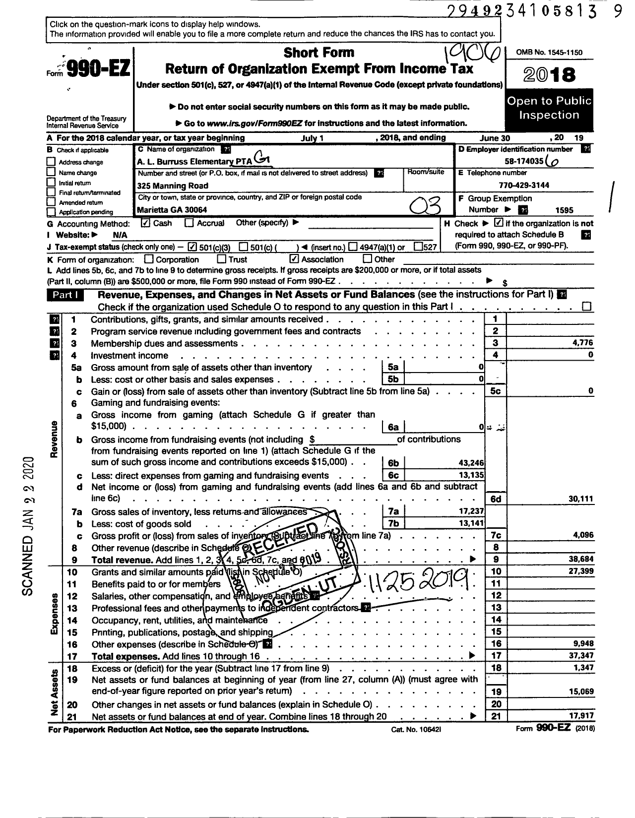 Image of first page of 2018 Form 990EZ for Georgia PTA - A L Burruss Elem PTA