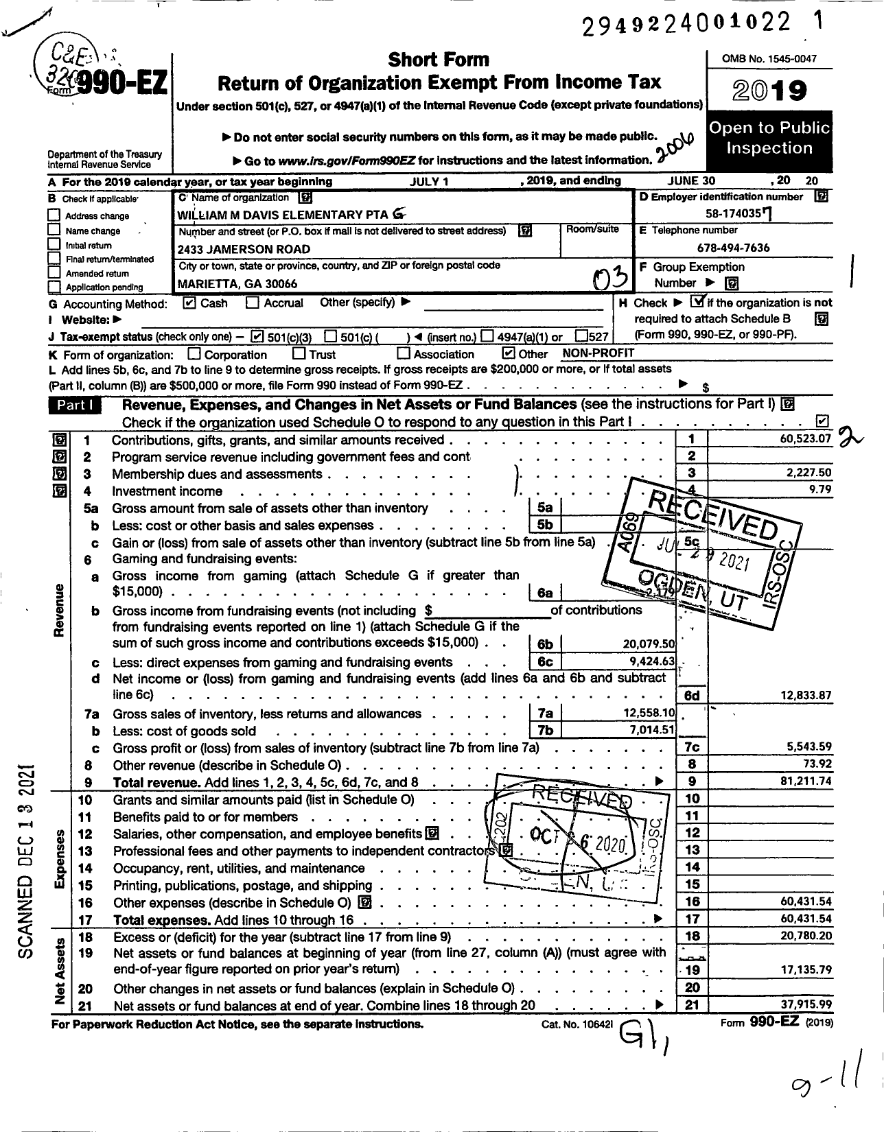 Image of first page of 2019 Form 990EZ for GEORGIA PTA - WM M Davis Es PTA