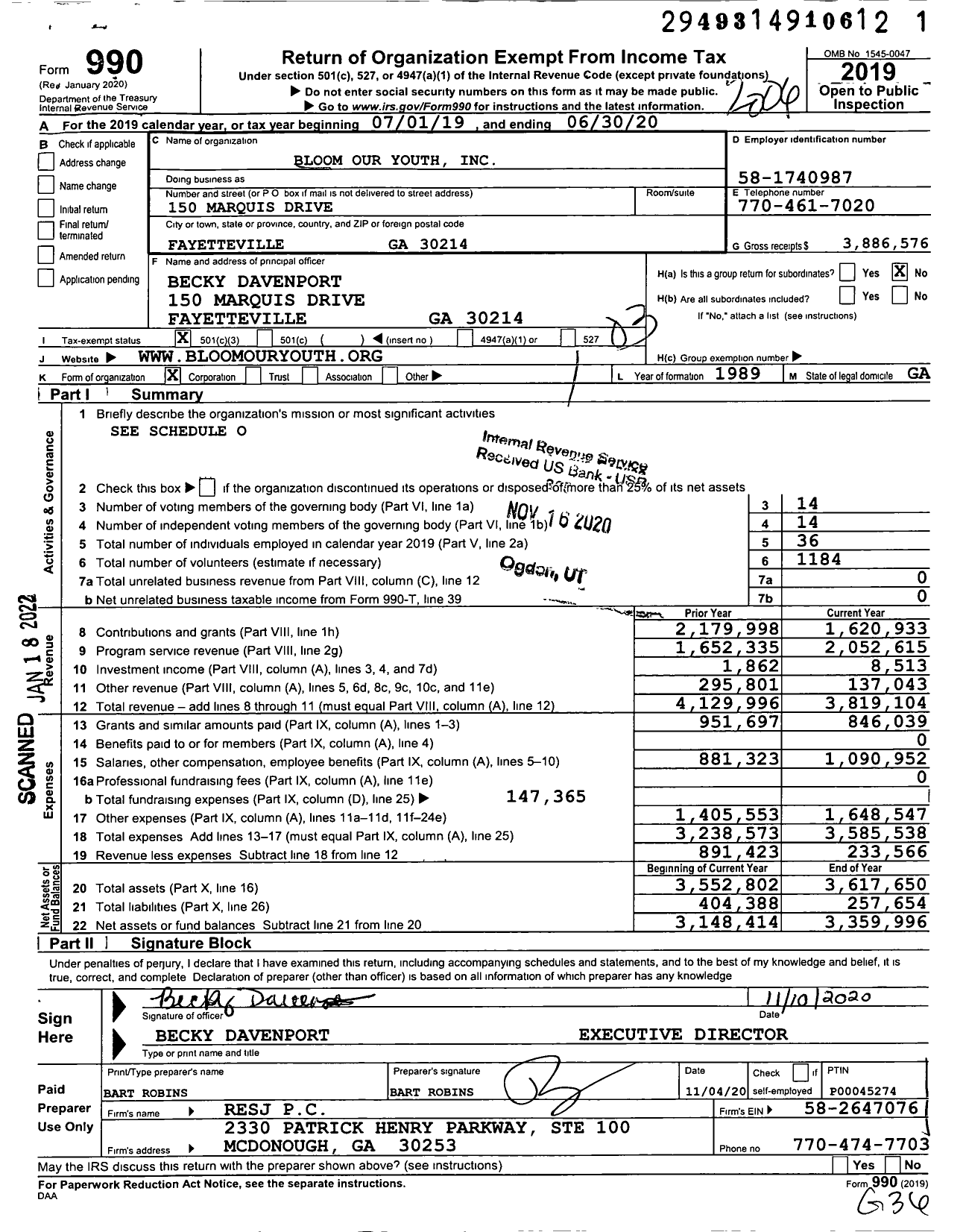 Image of first page of 2019 Form 990 for Bloom Our Youth