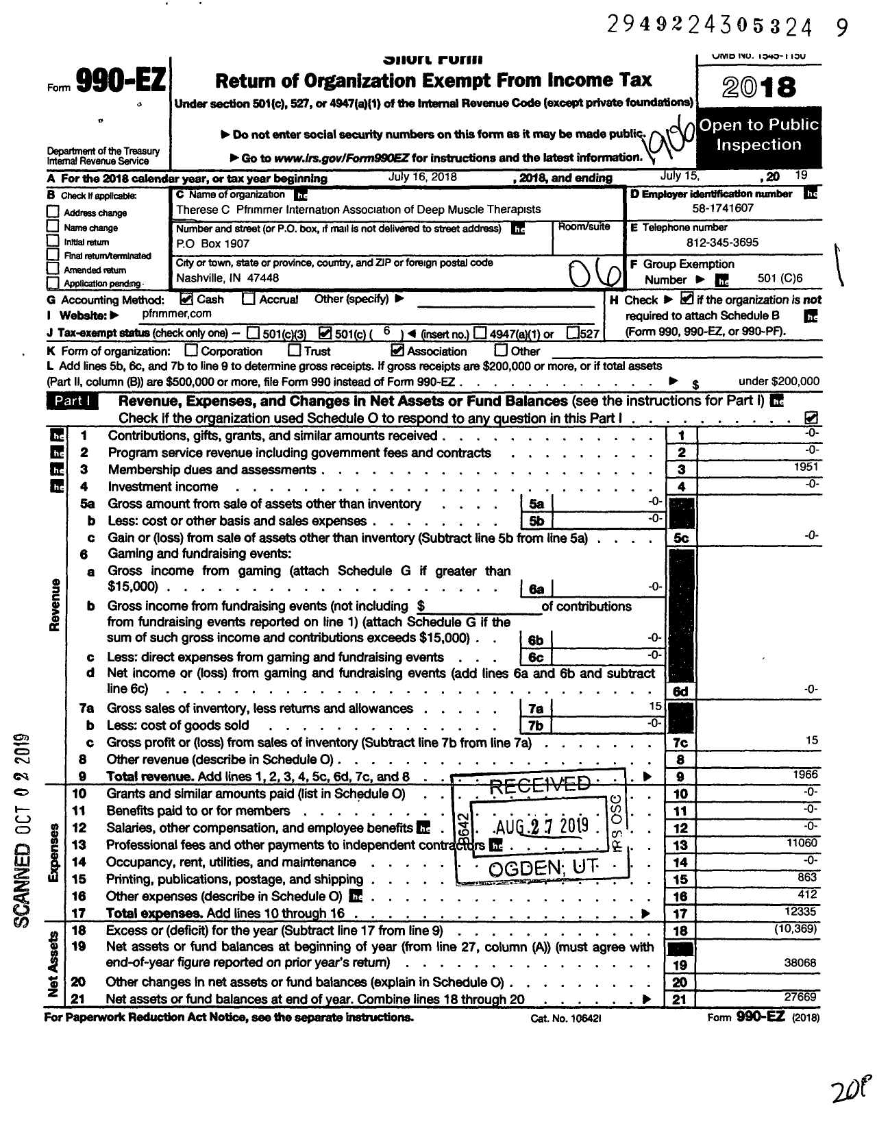 Image of first page of 2018 Form 990EO for Therese C Pfrimmer International Association of Deep Muscle