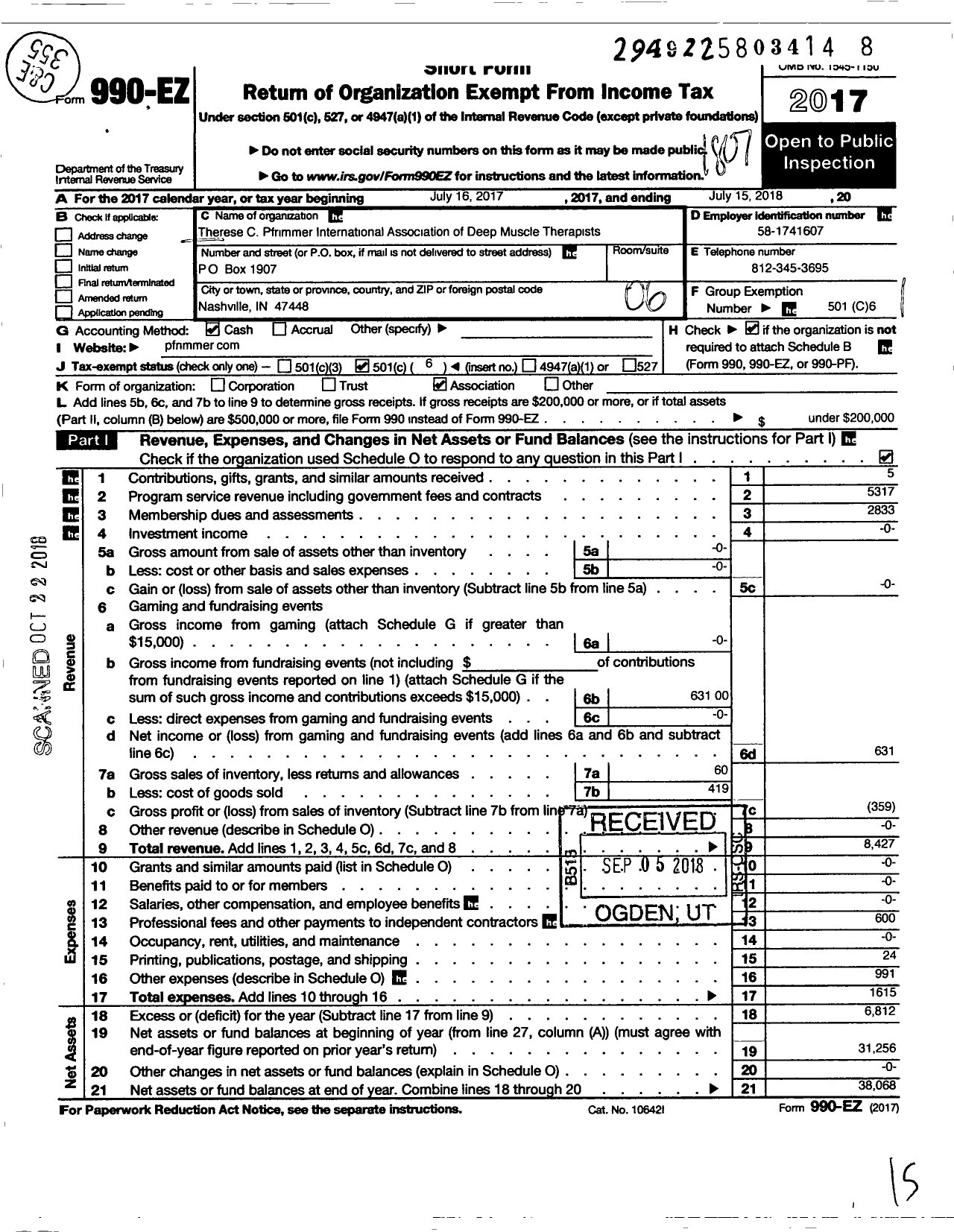 Image of first page of 2017 Form 990EO for Therese C Pfrimmer International Association of Deep Muscle