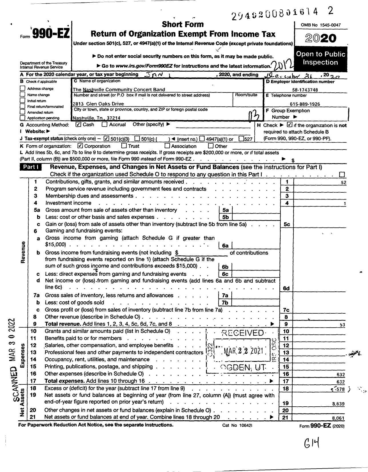 Image of first page of 2020 Form 990EZ for Nashville Community Concert Band