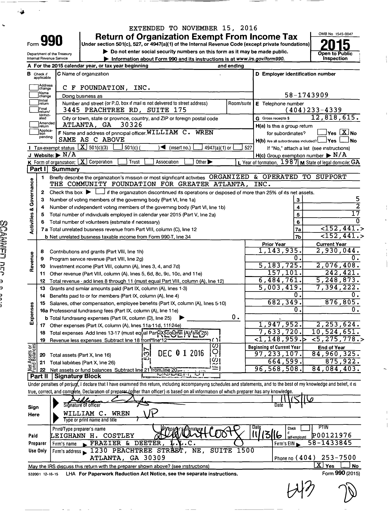Image of first page of 2015 Form 990 for C F Foundation
