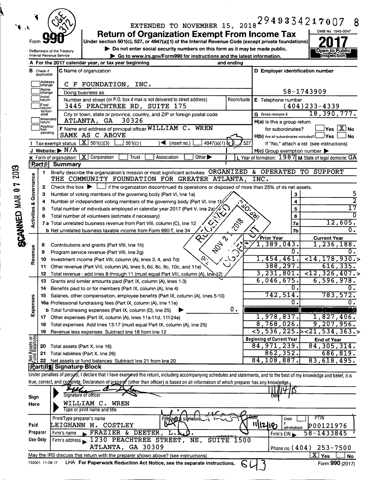 Image of first page of 2017 Form 990 for C F Foundation