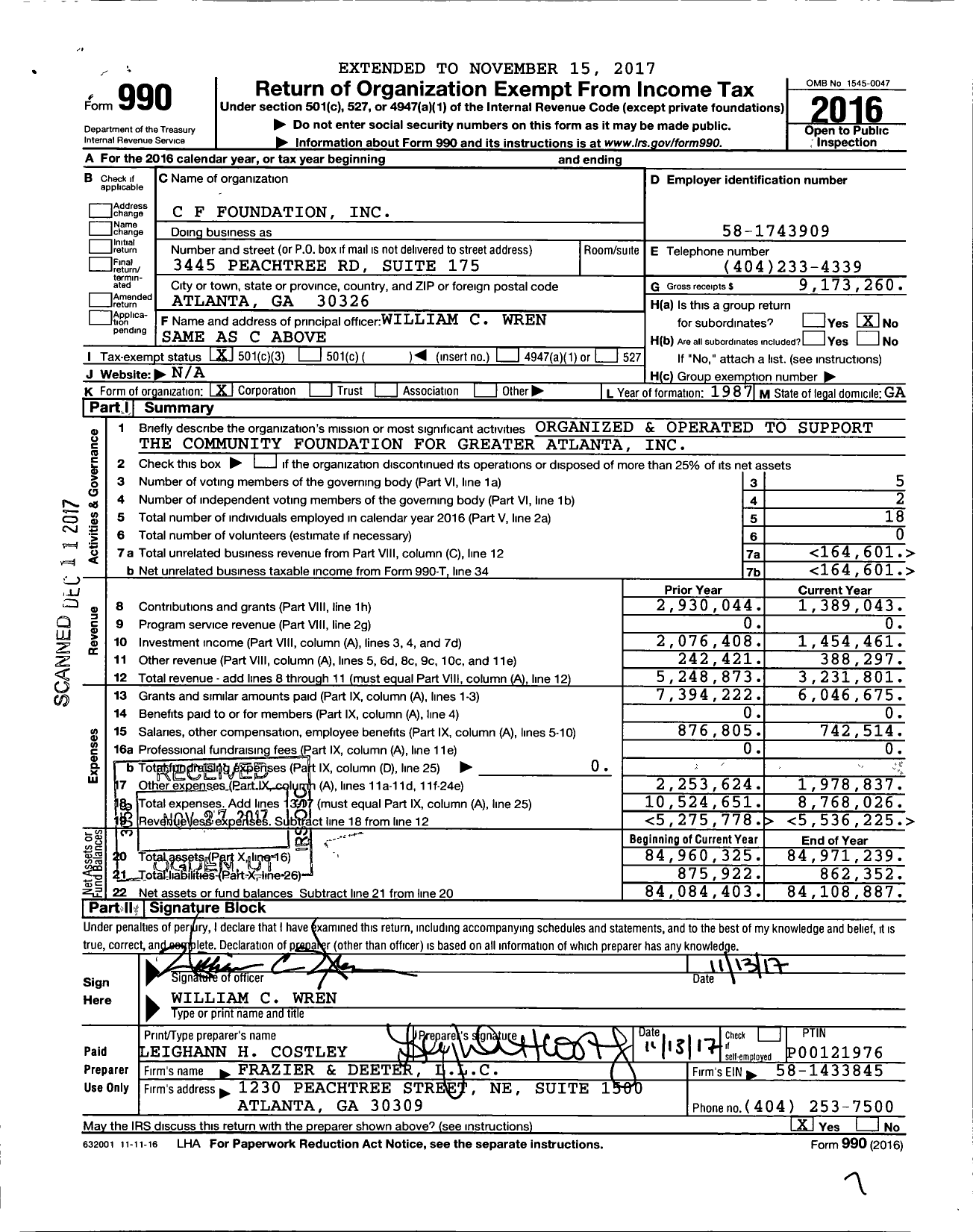 Image of first page of 2016 Form 990 for C F Foundation