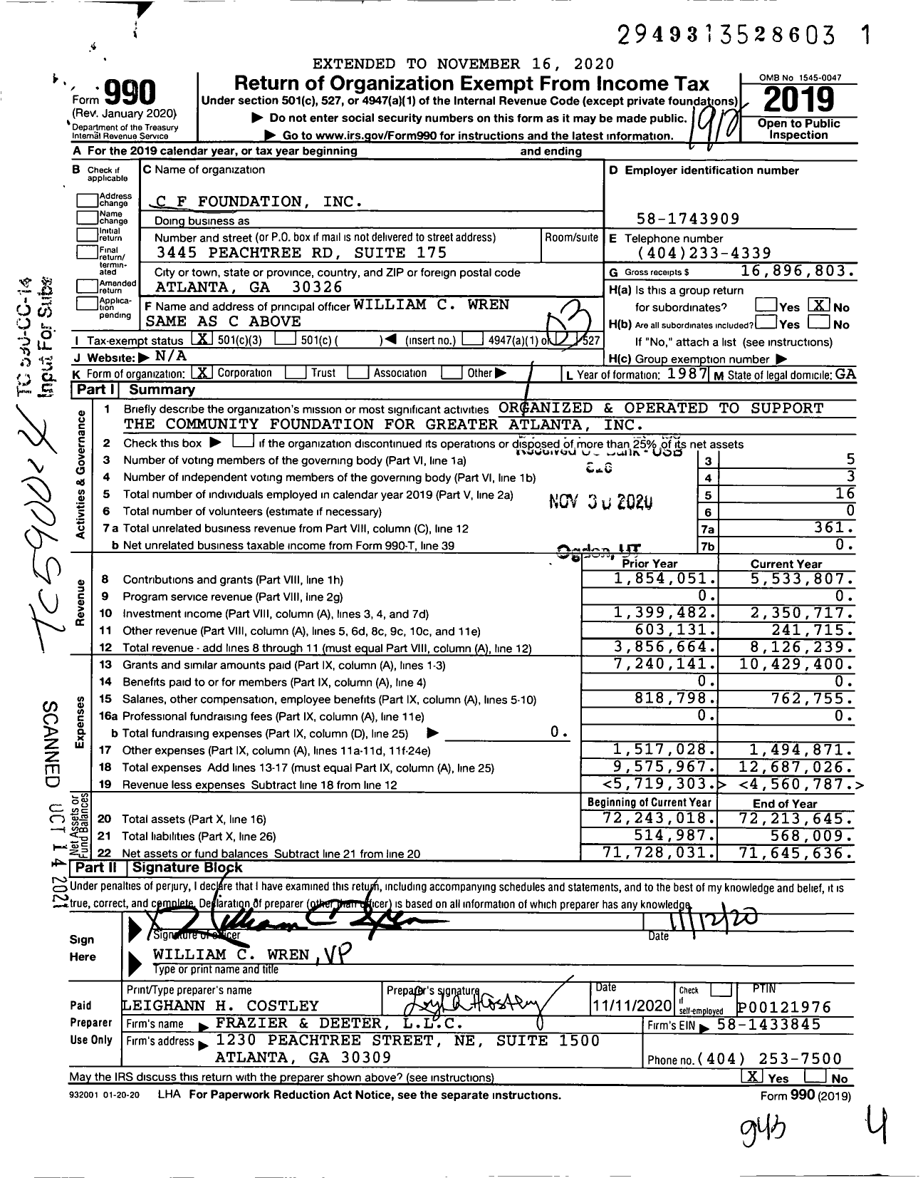 Image of first page of 2019 Form 990 for C F Foundation