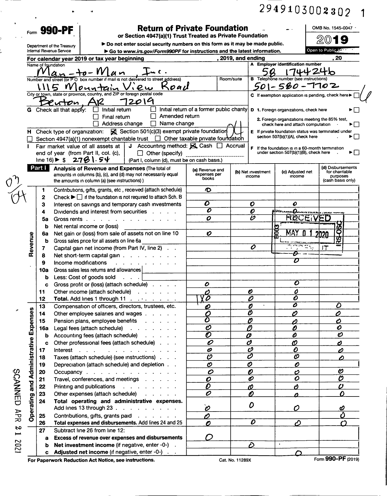 Image of first page of 2019 Form 990PF for Man To Man