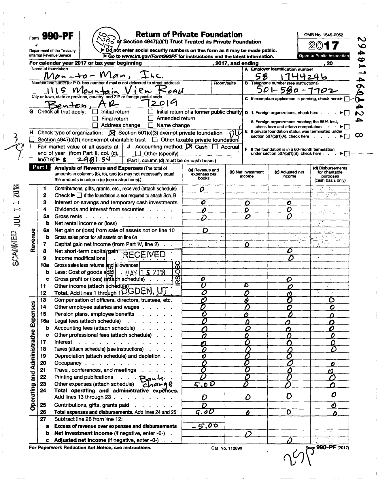 Image of first page of 2017 Form 990PF for Man To Man