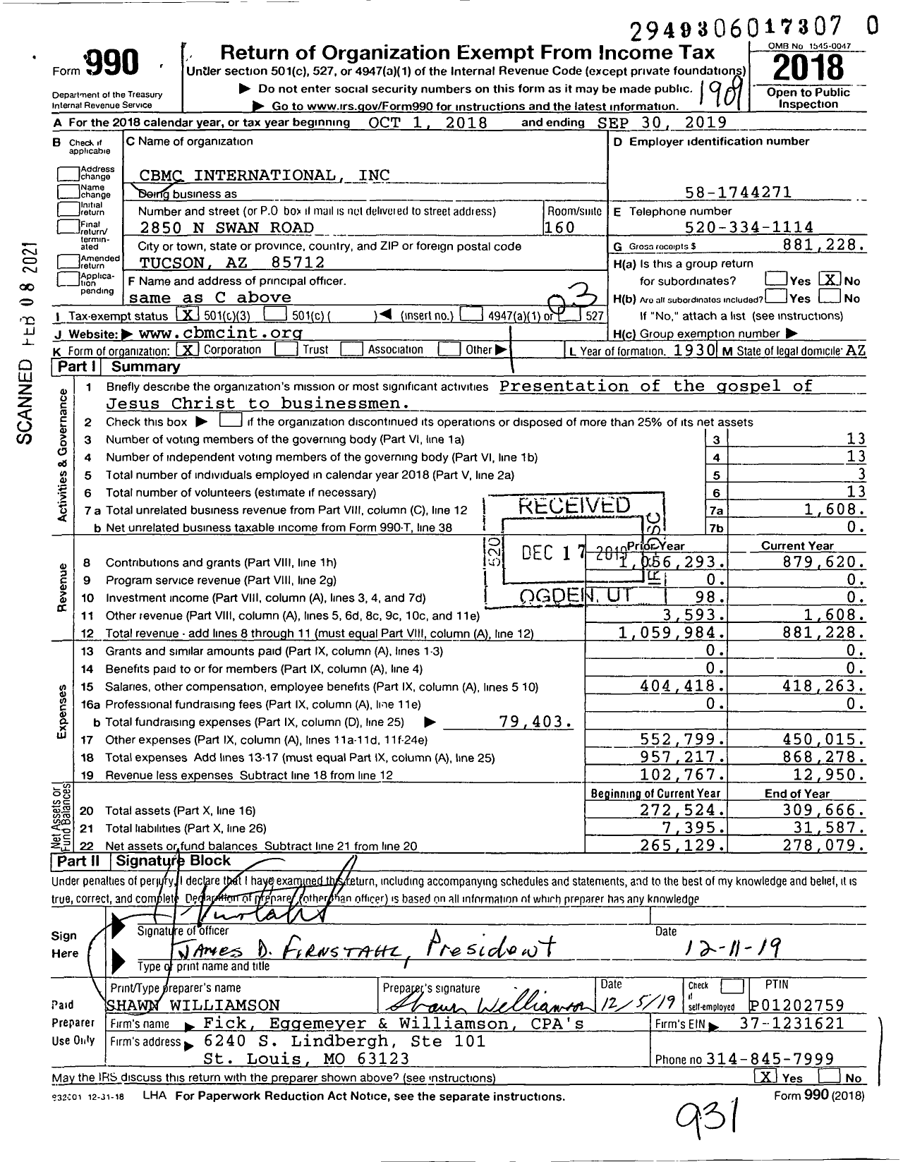 Image of first page of 2018 Form 990 for CBMC International