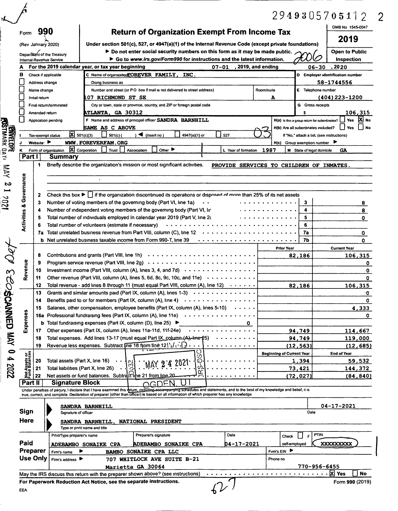 Image of first page of 2019 Form 990 for Forever Family