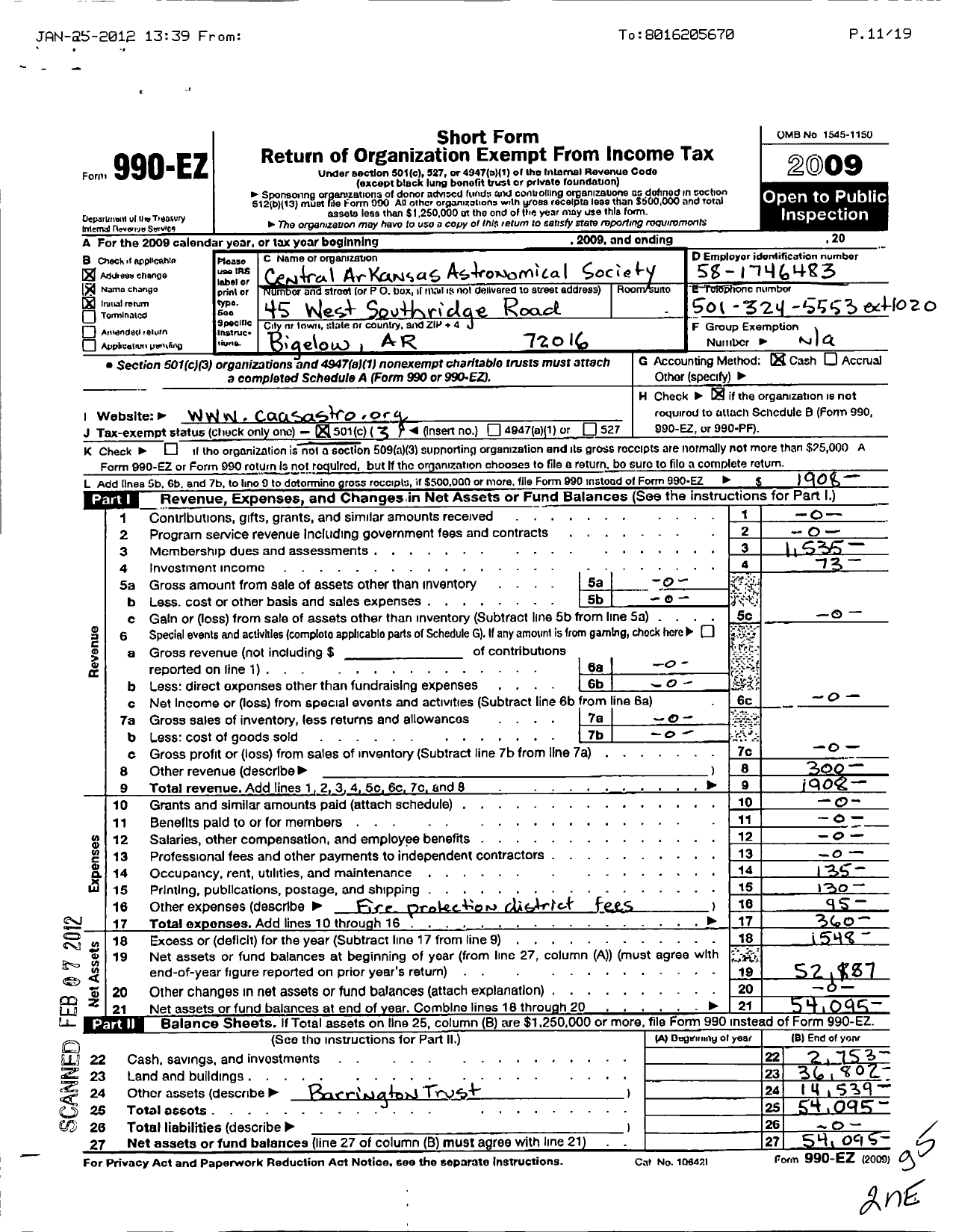 Image of first page of 2009 Form 990EZ for Central Arkansas Astronomical Society