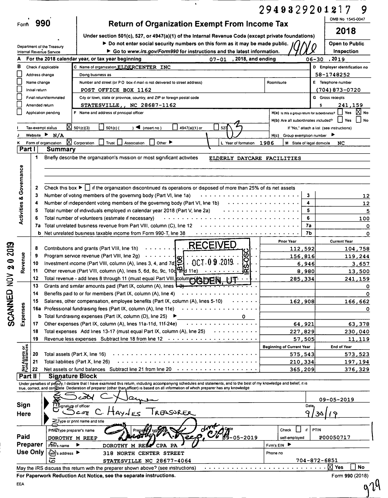 Image of first page of 2018 Form 990 for Eldercenter Incorporated