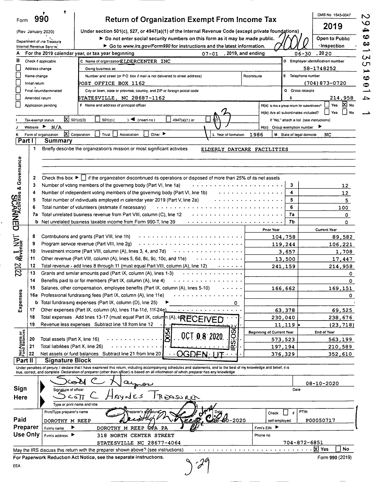 Image of first page of 2019 Form 990 for Eldercenter Incorporated