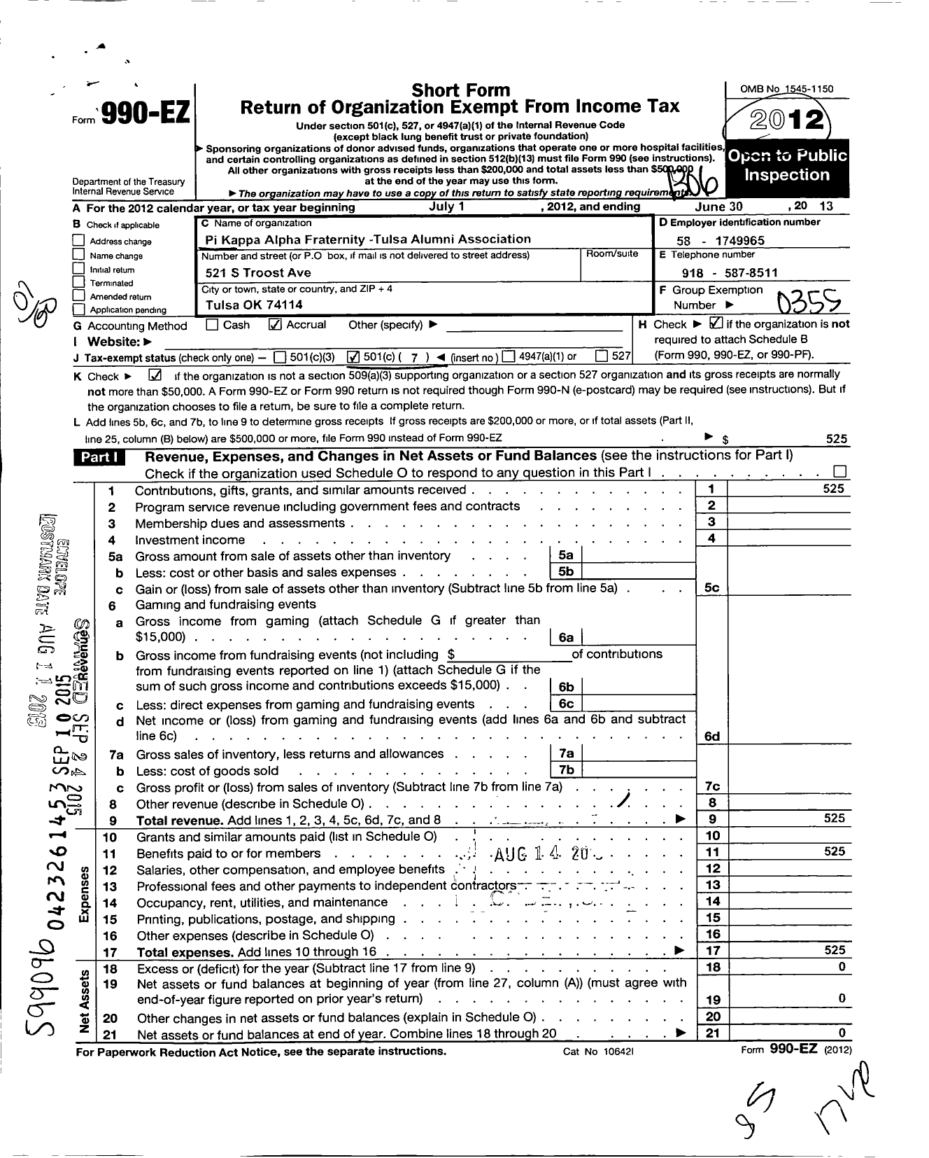 Image of first page of 2012 Form 990EO for Pi Kappa Alpha Fraternity / Tulsa Alumni Association