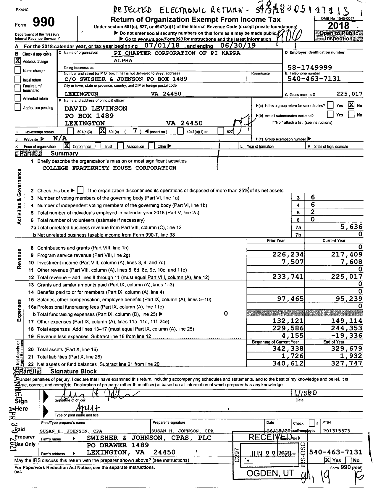 Image of first page of 2018 Form 990O for Pi Kappa Alpha Fraternity Pi Alumni Association