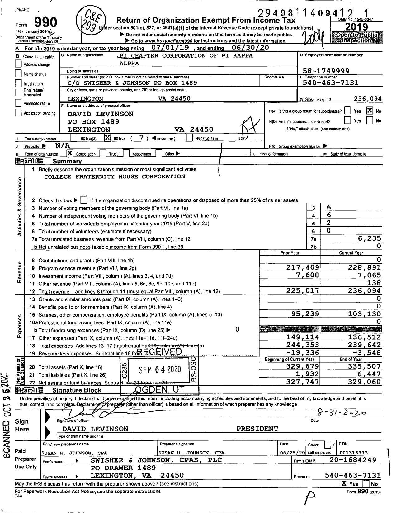 Image of first page of 2019 Form 990O for Pi Kappa Alpha Fraternity Pi Alumni Association