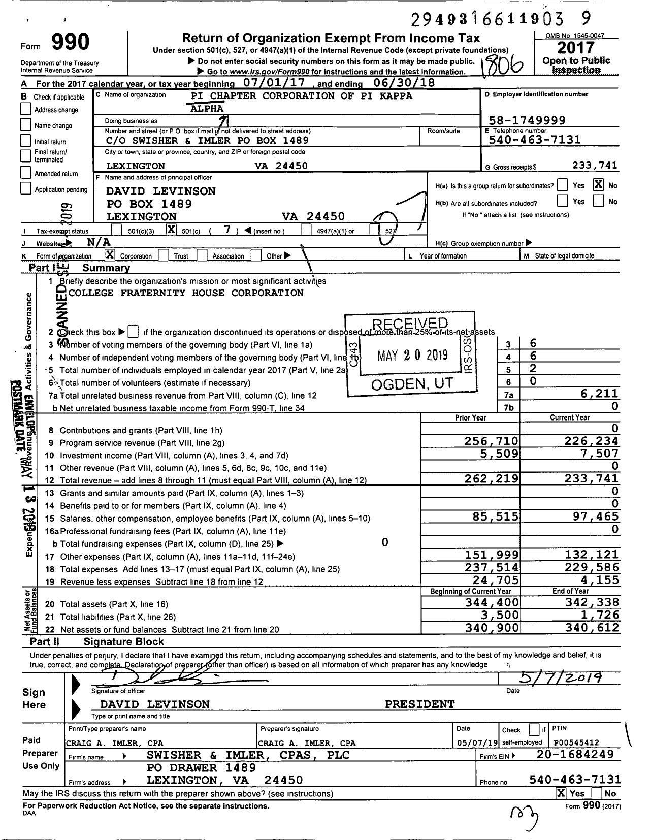 Image of first page of 2017 Form 990O for Pi Kappa Alpha Fraternity Pi Alumni Association