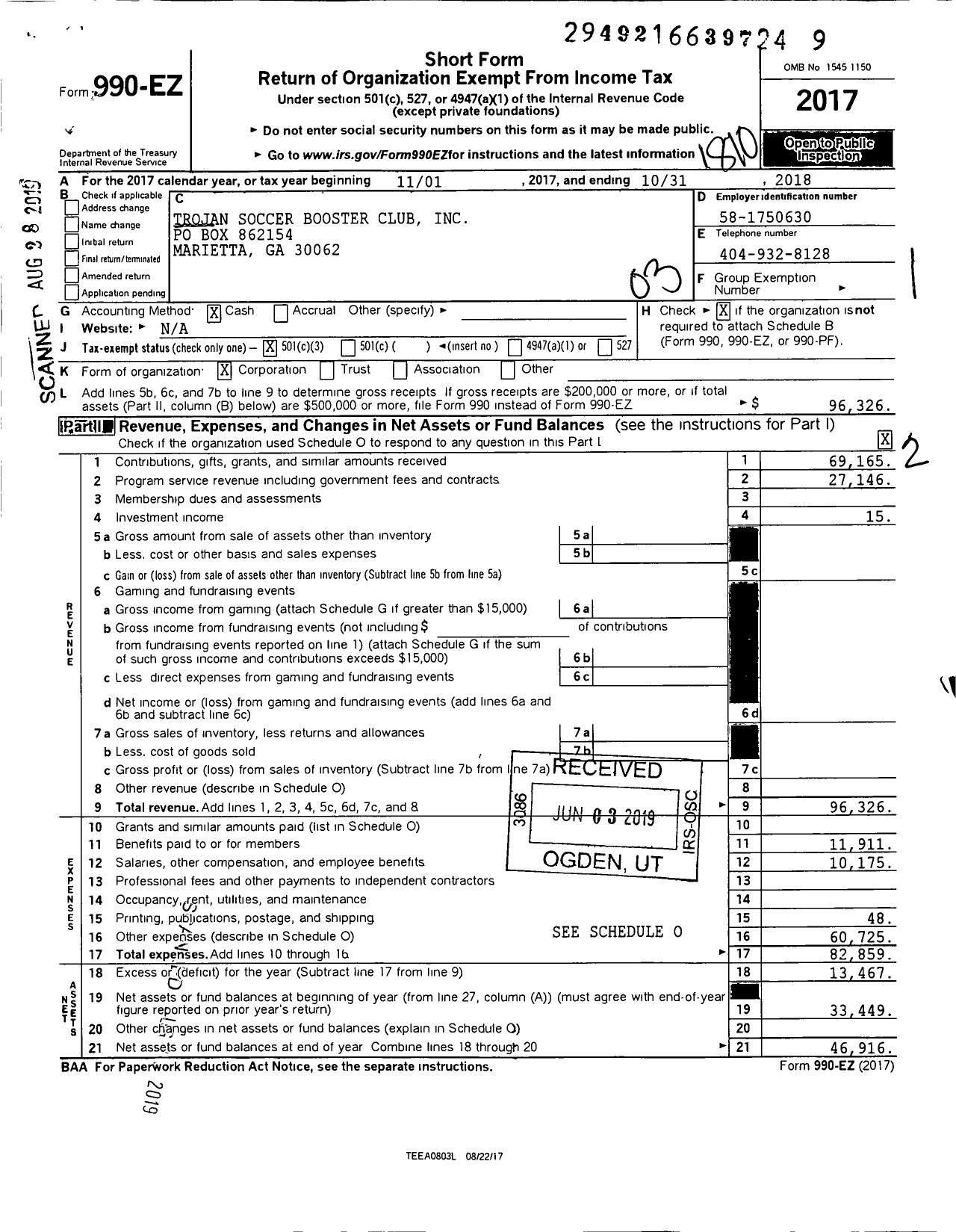 Image of first page of 2017 Form 990EZ for Trojan Soccer Booster Club