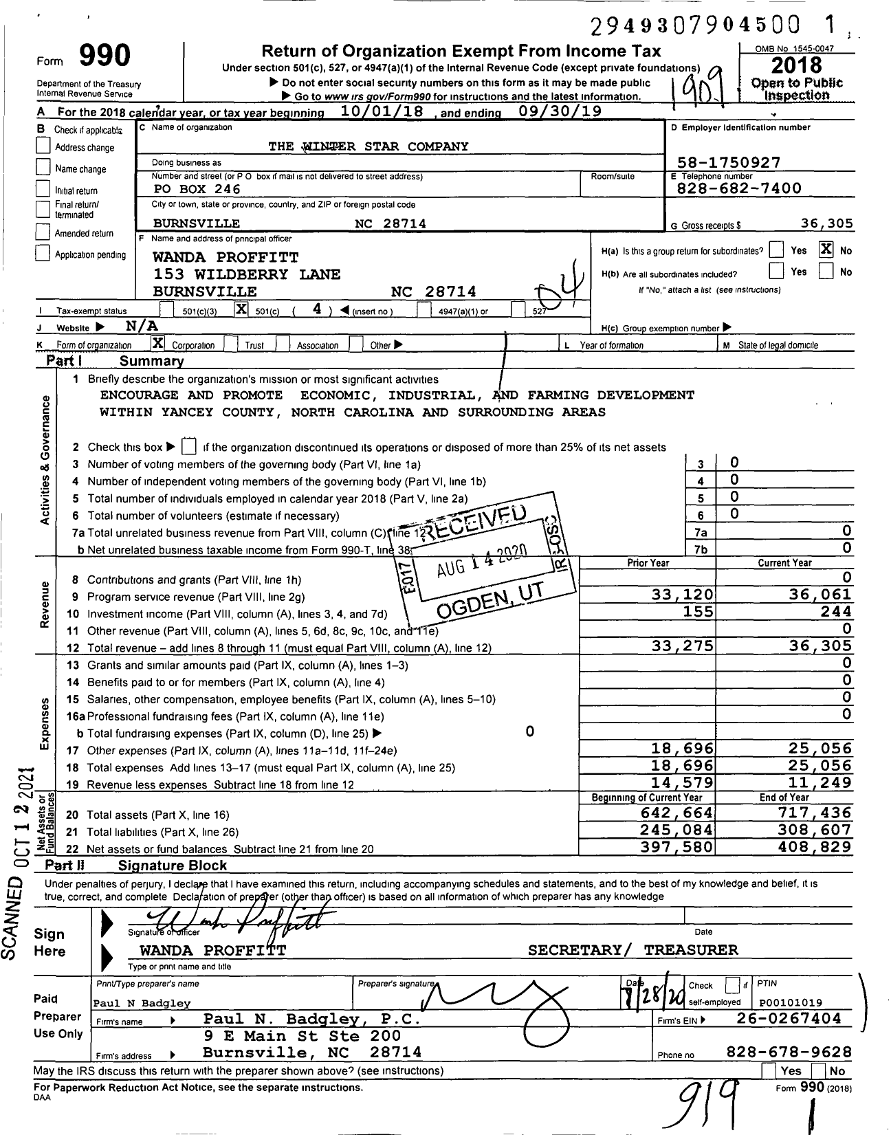Image of first page of 2018 Form 990O for The Winter Star Company