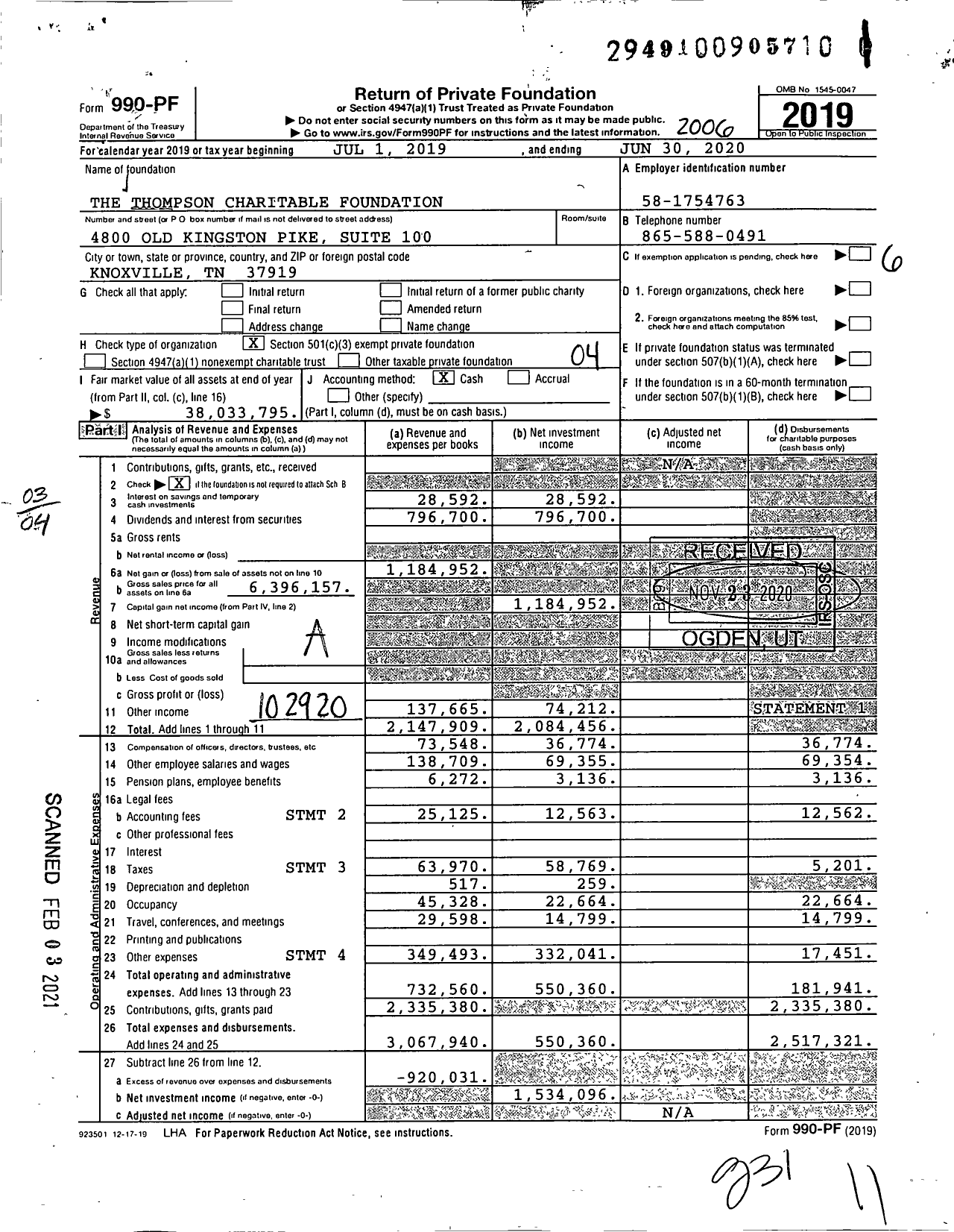 Image of first page of 2019 Form 990PF for The Thompson Charitable Foundation