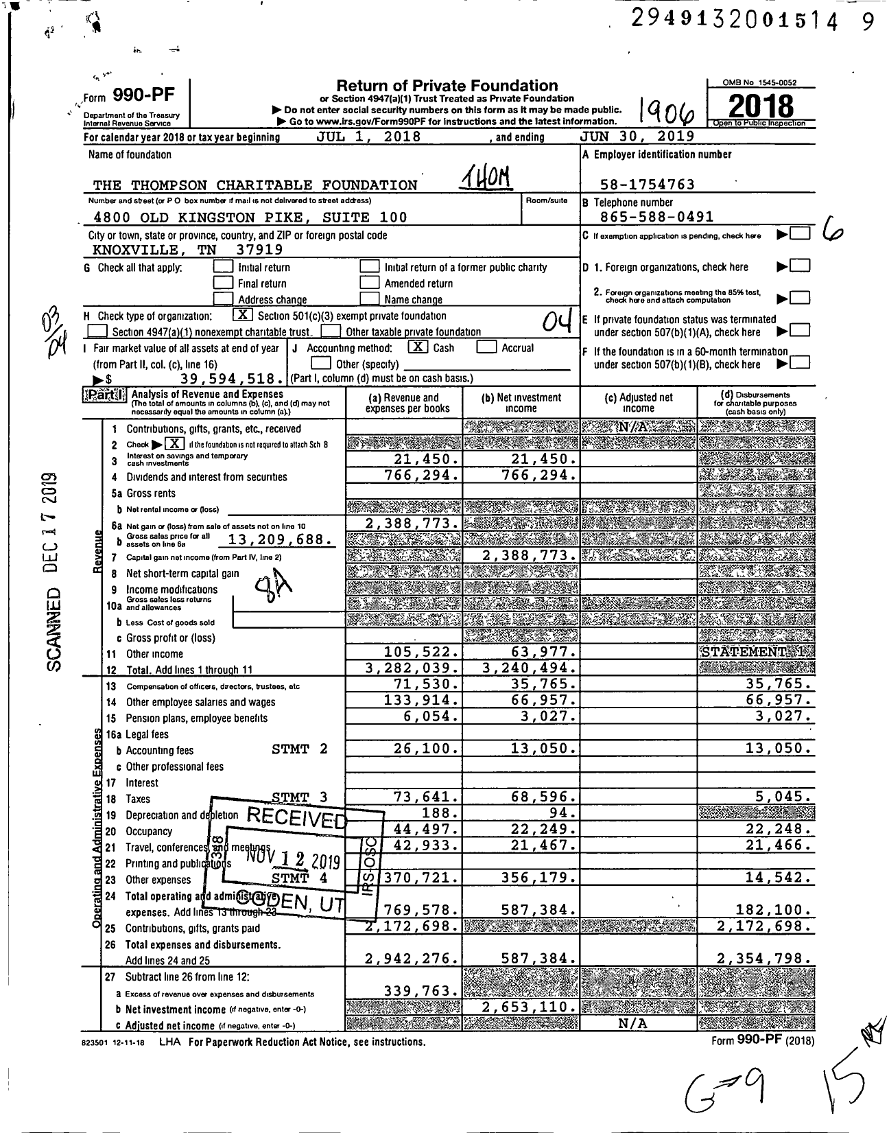 Image of first page of 2018 Form 990PF for The Thompson Charitable Foundation