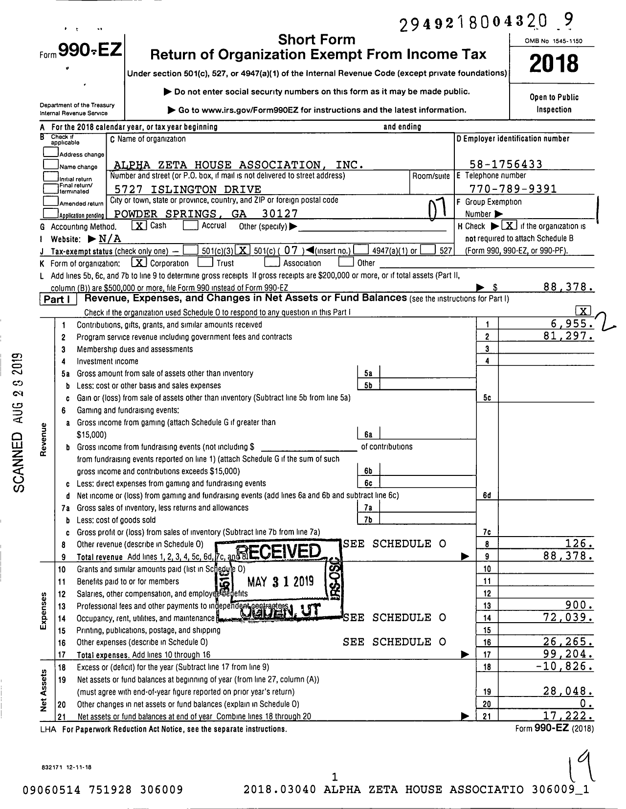 Image of first page of 2018 Form 990EO for Alpha Zeta House Association