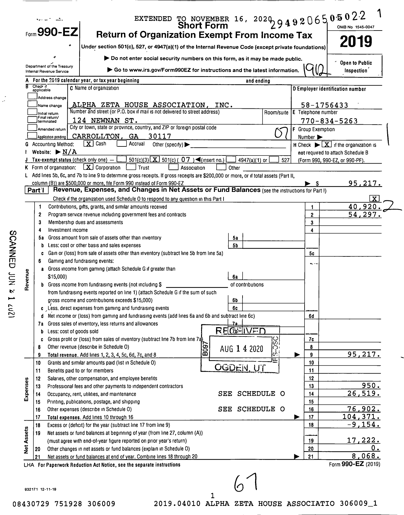 Image of first page of 2019 Form 990EO for Alpha Zeta House Association