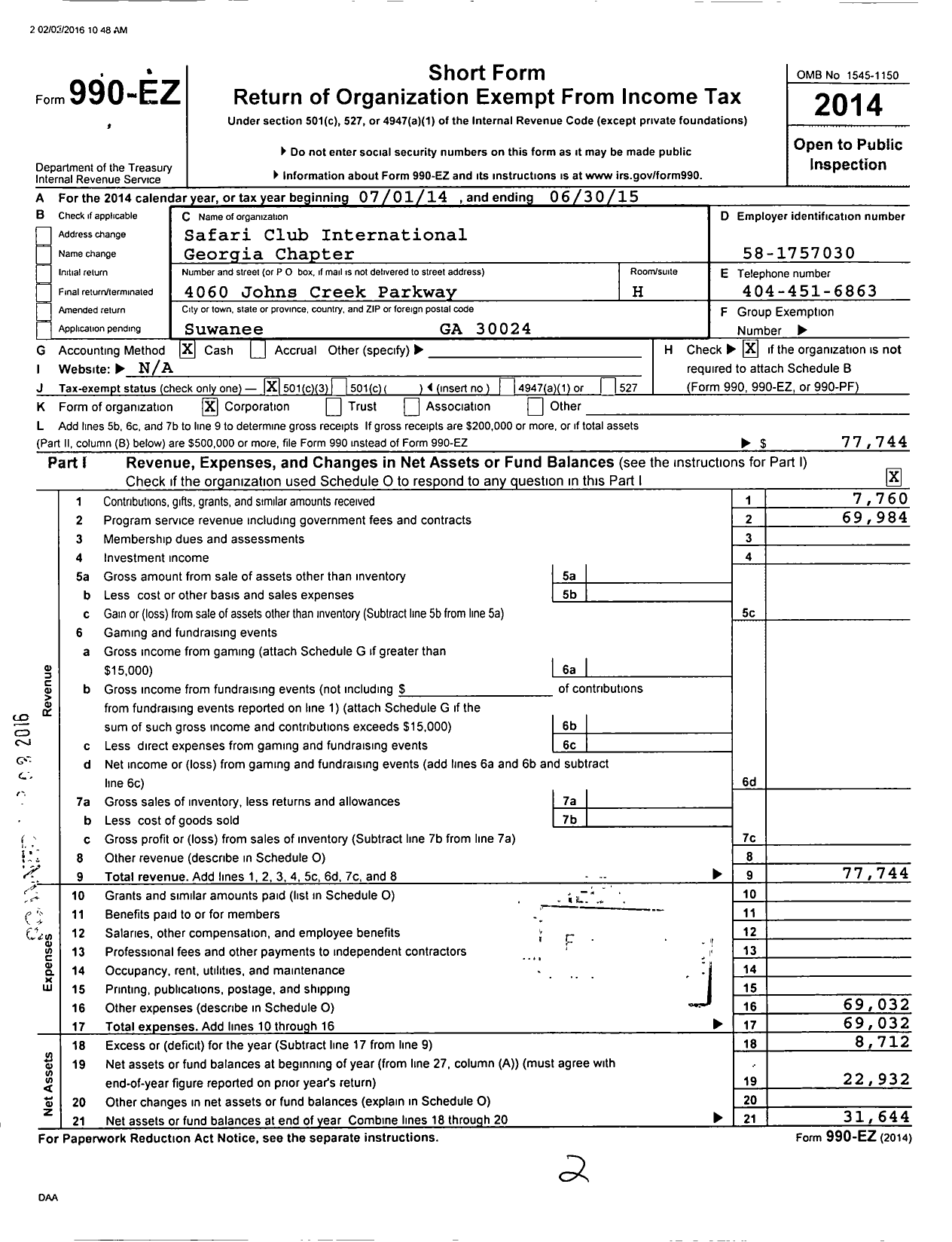 Image of first page of 2014 Form 990EZ for Safari Club International / Georgia Chapter