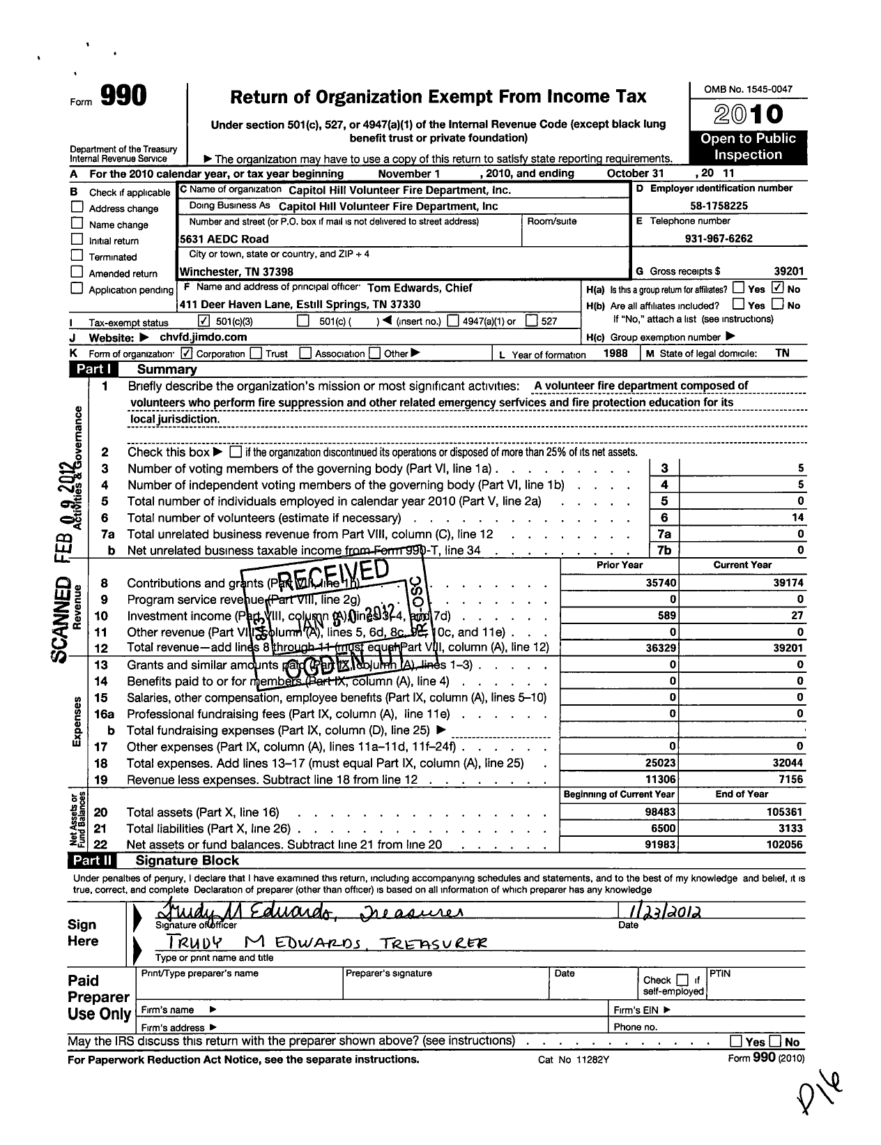 Image of first page of 2010 Form 990 for Capitol Hill Volunteer Fire Department