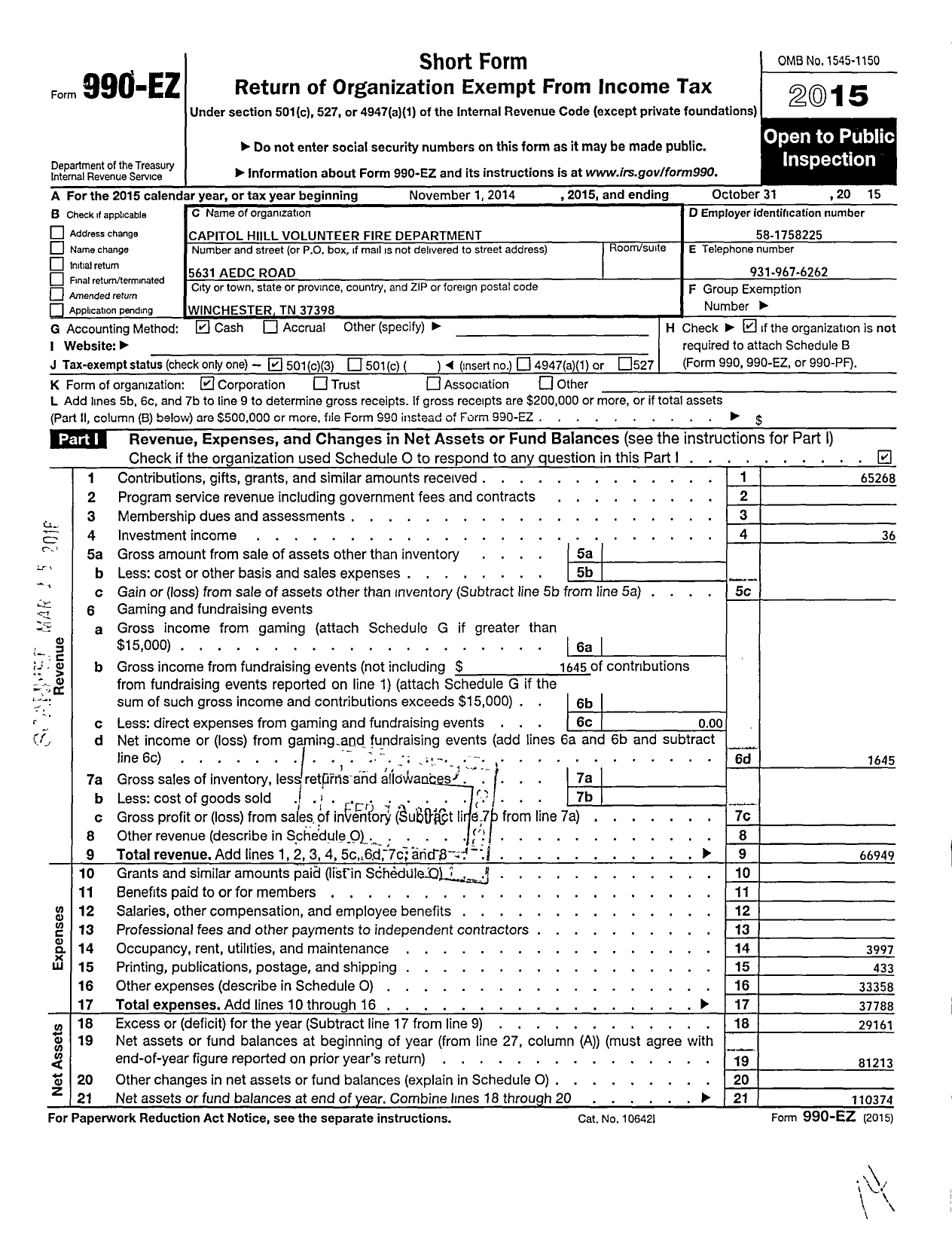 Image of first page of 2014 Form 990EZ for Capitol Hill Volunteer Fire Department